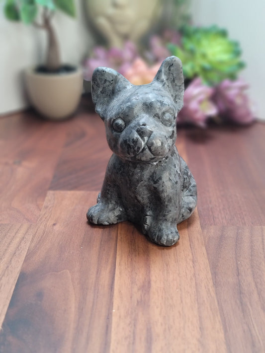 Flashy Larvakite crystal dog carving. Large size Frenchie. Gift for French Bulldog and pet lovers alike.