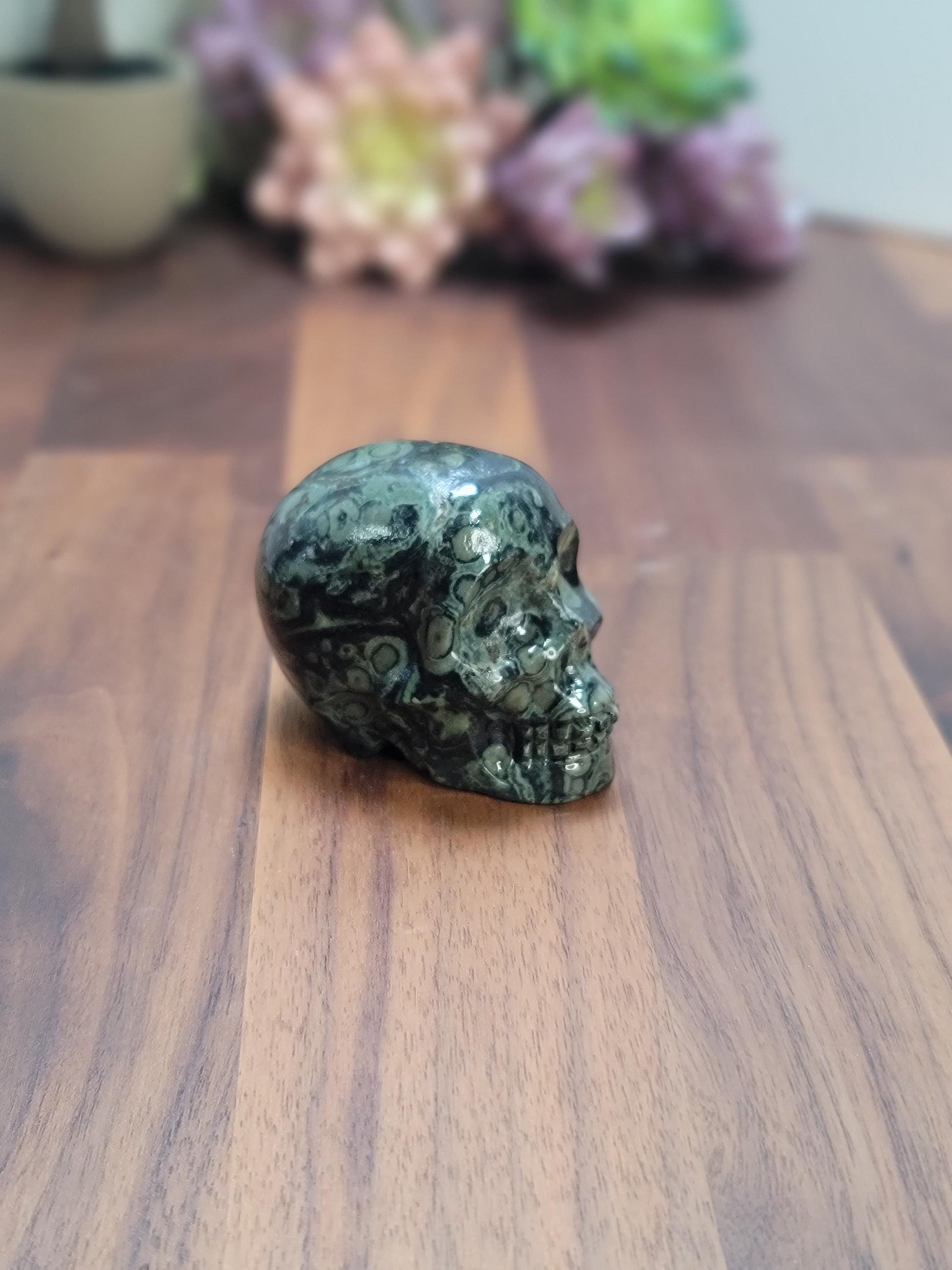 Kambaba Jasper Skull | 2.5" Antony Crystal Carving | Spooky Season & Summerween Decor | Green and Black Orbicular Patterns for Green Lovers