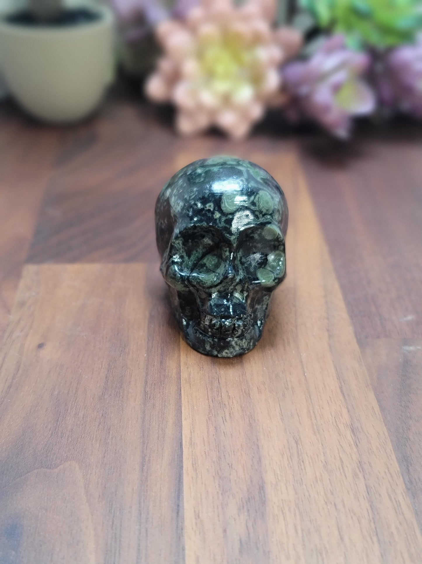 Kambaba Jasper Skull | 2.5" Crystal Carving | Beatrice | Spooky Season and Summerween Decor | Green Witch Vibes | Orbicular Black Patterns