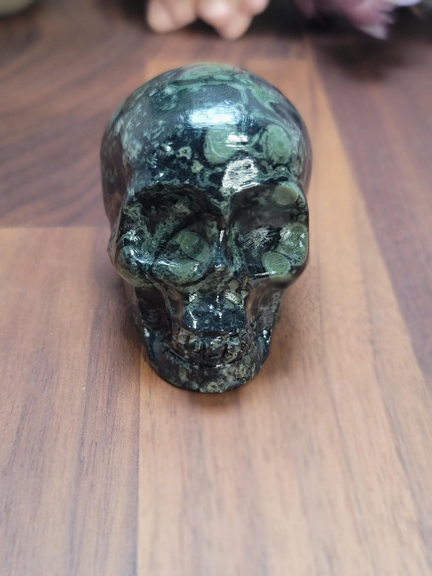 Kambaba Jasper Skull | 2.5" Crystal Carving | Beatrice | Spooky Season and Summerween Decor | Green Witch Vibes | Orbicular Black Patterns