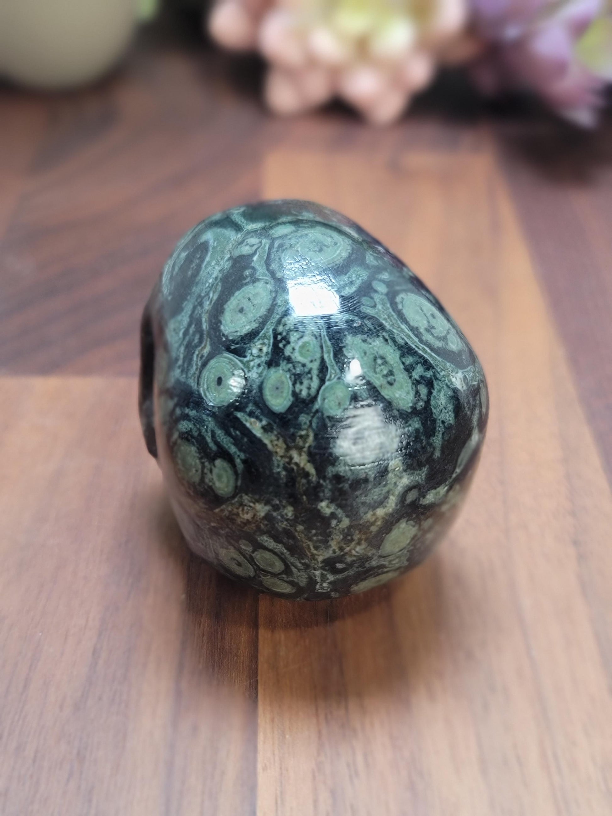 Kambaba Jasper Skull | 2.5" Crystal Carving | Beatrice | Spooky Season and Summerween Decor | Green Witch Vibes | Orbicular Black Patterns