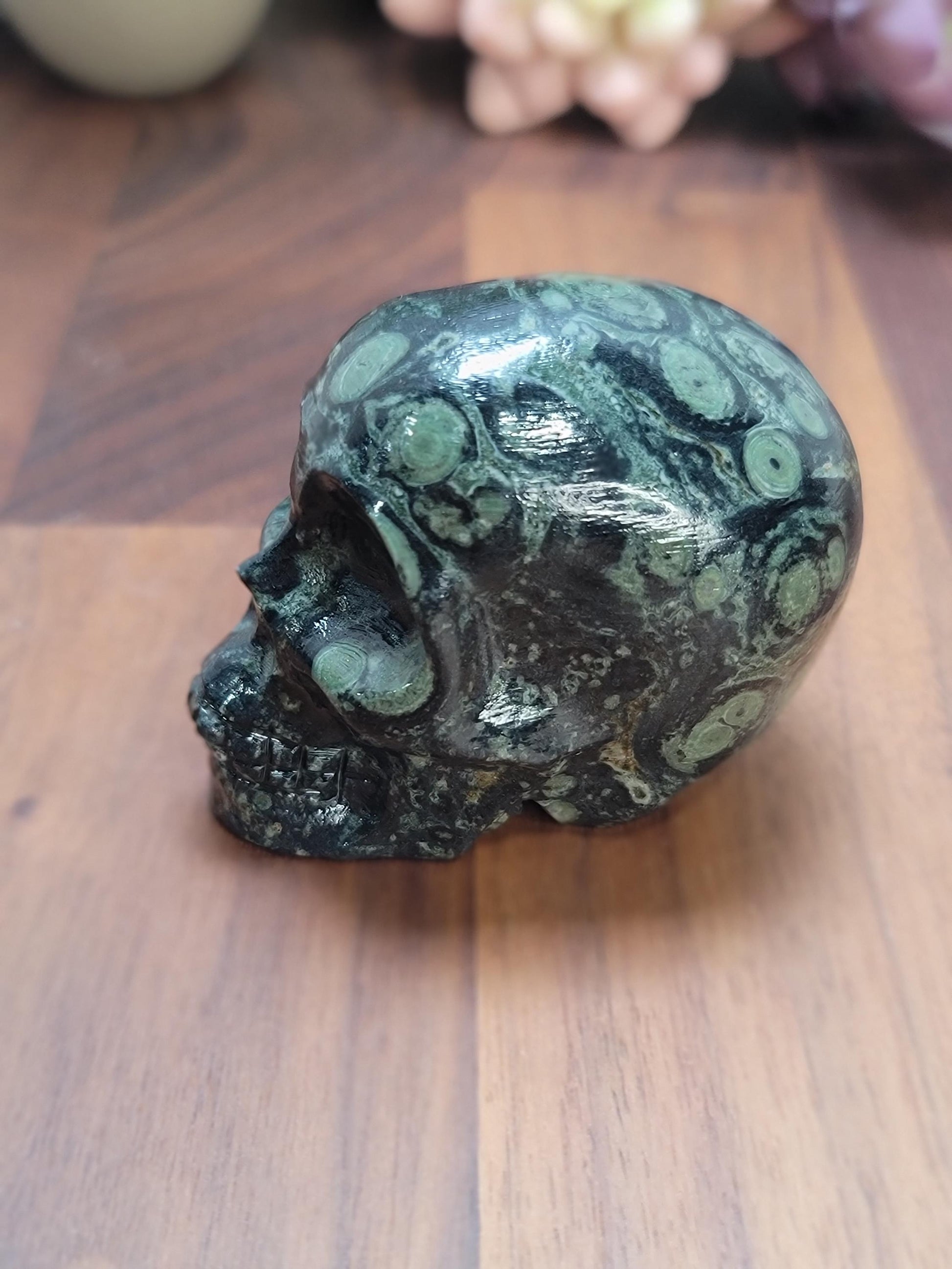 Kambaba Jasper Skull | 2.5" Crystal Carving | Beatrice | Spooky Season and Summerween Decor | Green Witch Vibes | Orbicular Black Patterns