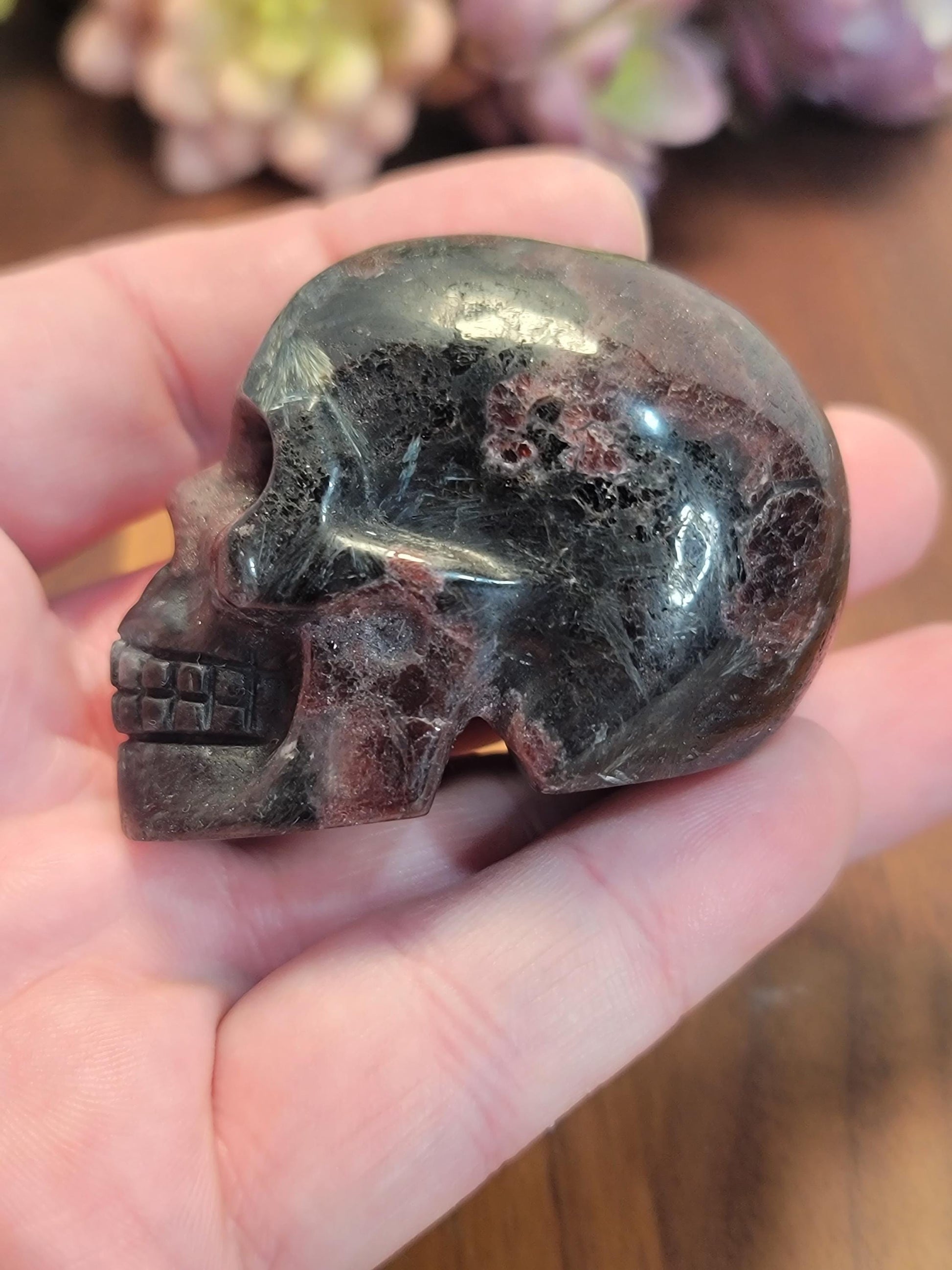 Fireworks Garnet Crystal Skull Carvings | 2" | Deep Crimson Plums | Flashy Black Astrophyllite | Arfvedsonite Stone | Spooky Halloween Decor