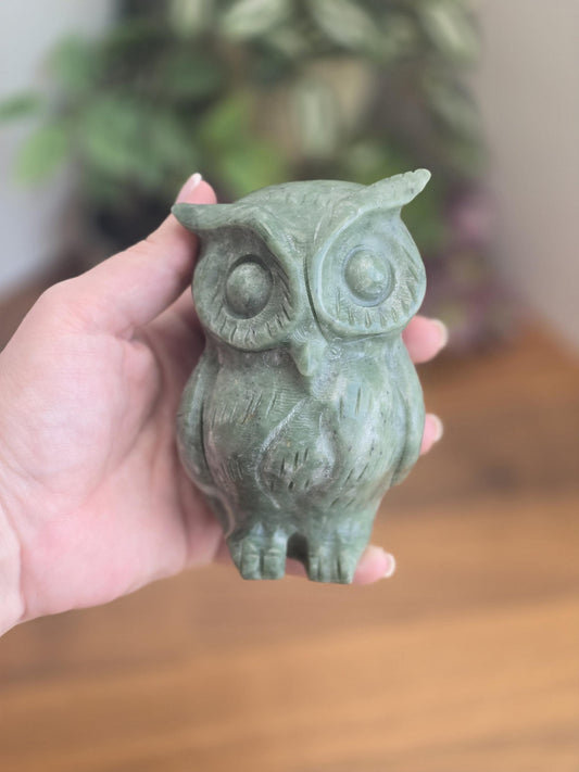 Green Jade Crystal Owl | Maxine | 4 Inches | Large Serpentine Carving in Sage Green & White Patterns | College Grad Gift | Summerween Decor