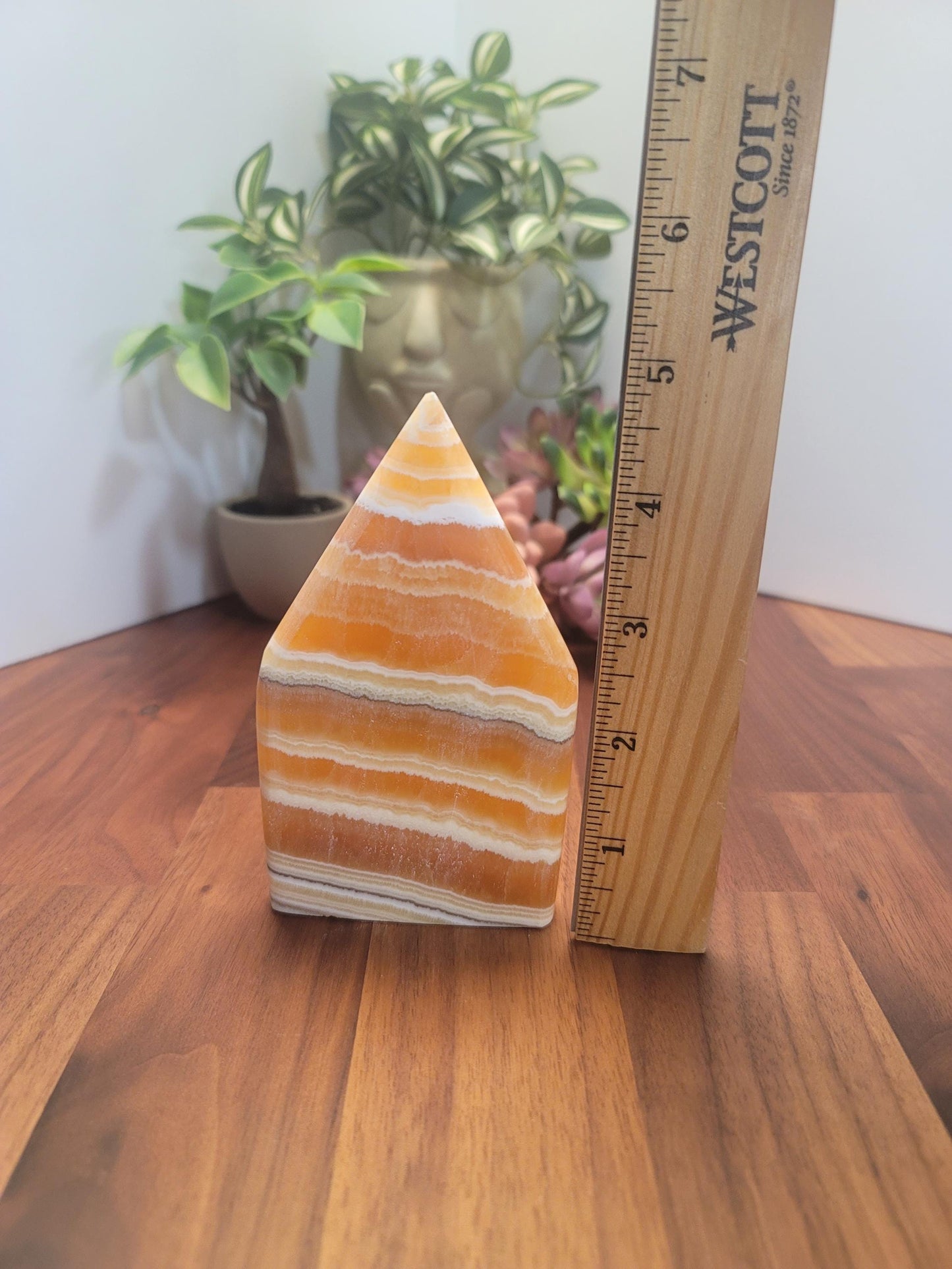 Candy Corn Crystal | Jupiter Rising | Orange Banded Calcite Flame | Yellow Freeform | 5" | White Banding & Lacey Patterns | Halloween Decor