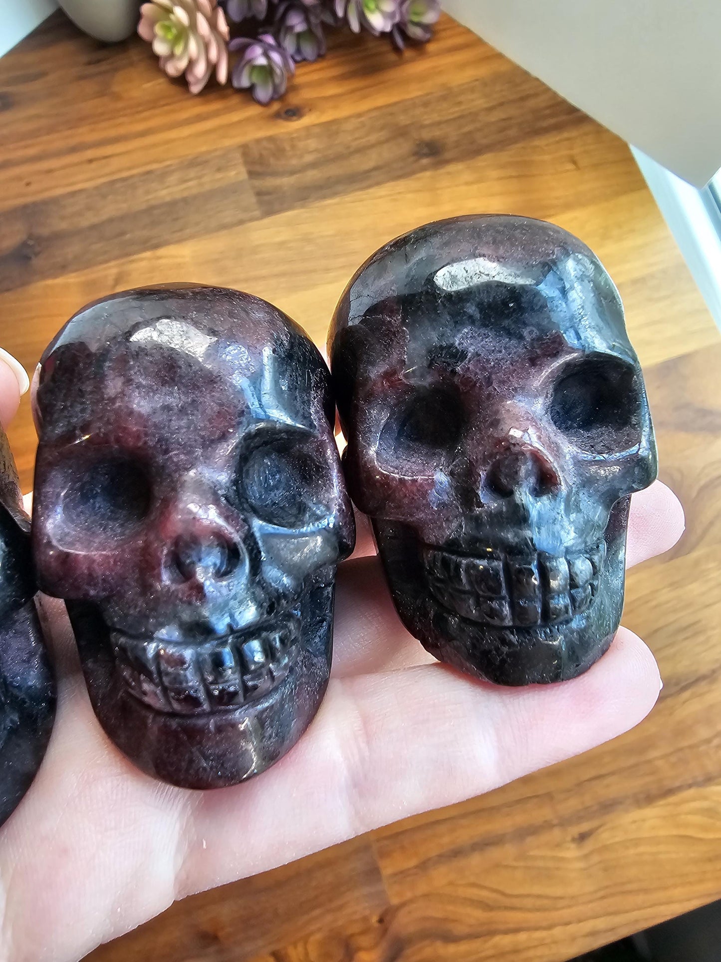 Fireworks Garnet Crystal Skull Carvings | 2" | Deep Crimson Plums | Flashy Black Astrophyllite | Arfvedsonite Stone | Spooky Halloween Decor