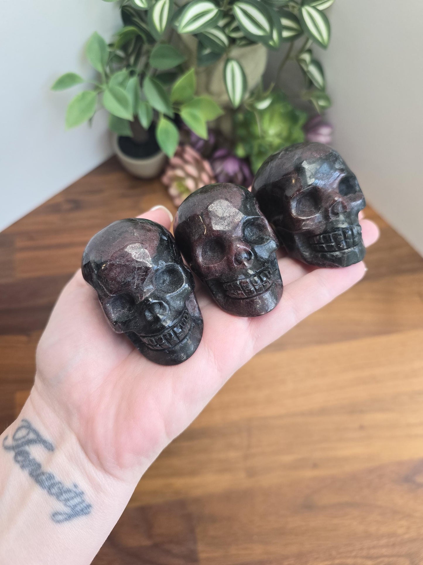 Fireworks Garnet Crystal Skull Carvings | 2" | Deep Crimson Plums | Flashy Black Astrophyllite | Arfvedsonite Stone | Spooky Halloween Decor