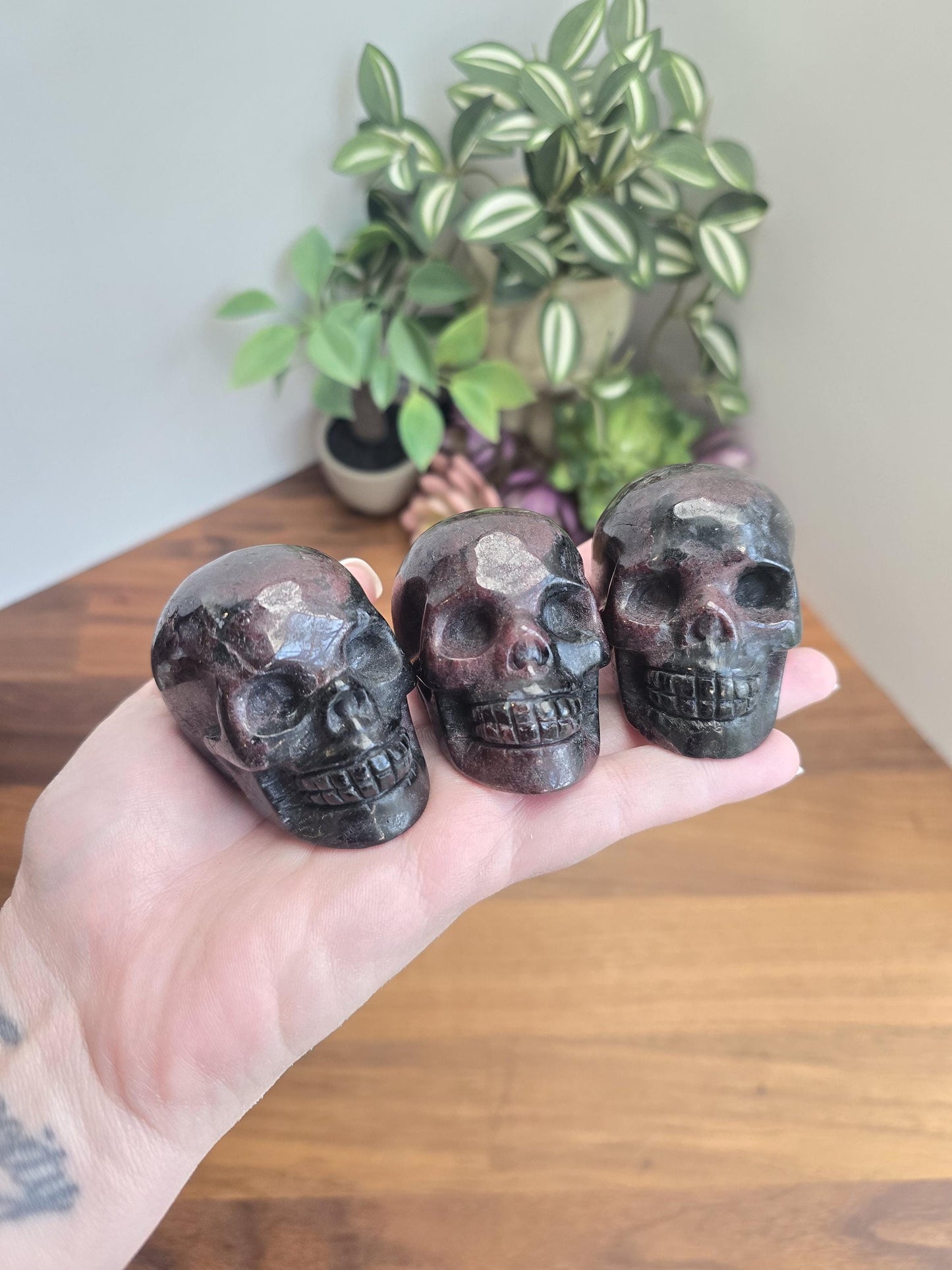 Fireworks Garnet Crystal Skull Carvings | 2" | Deep Crimson Plums | Flashy Black Astrophyllite | Arfvedsonite Stone | Spooky Halloween Decor