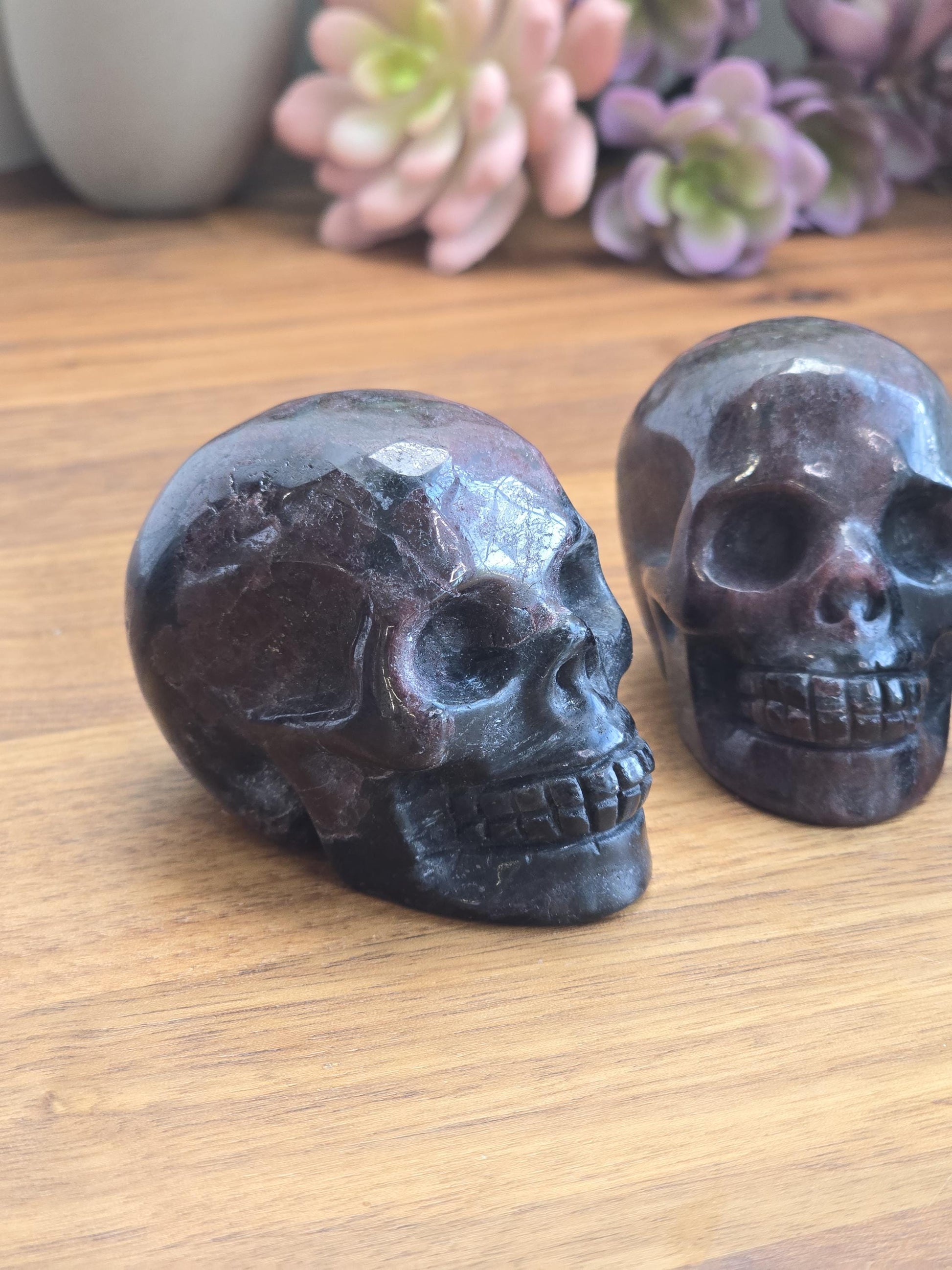 Fireworks Garnet Crystal Skull Carvings | 2" | Deep Crimson Plums | Flashy Black Astrophyllite | Arfvedsonite Stone | Spooky Halloween Decor