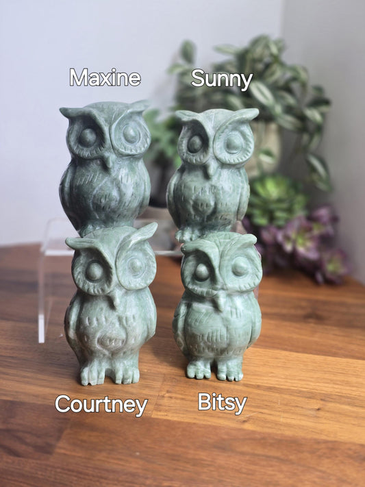 Green Jade Crystal Owl | Courtney | 4" | Large Carving in Sage Green & White Patterns | Wise Old Barn Owl | Green Kids Room Decor