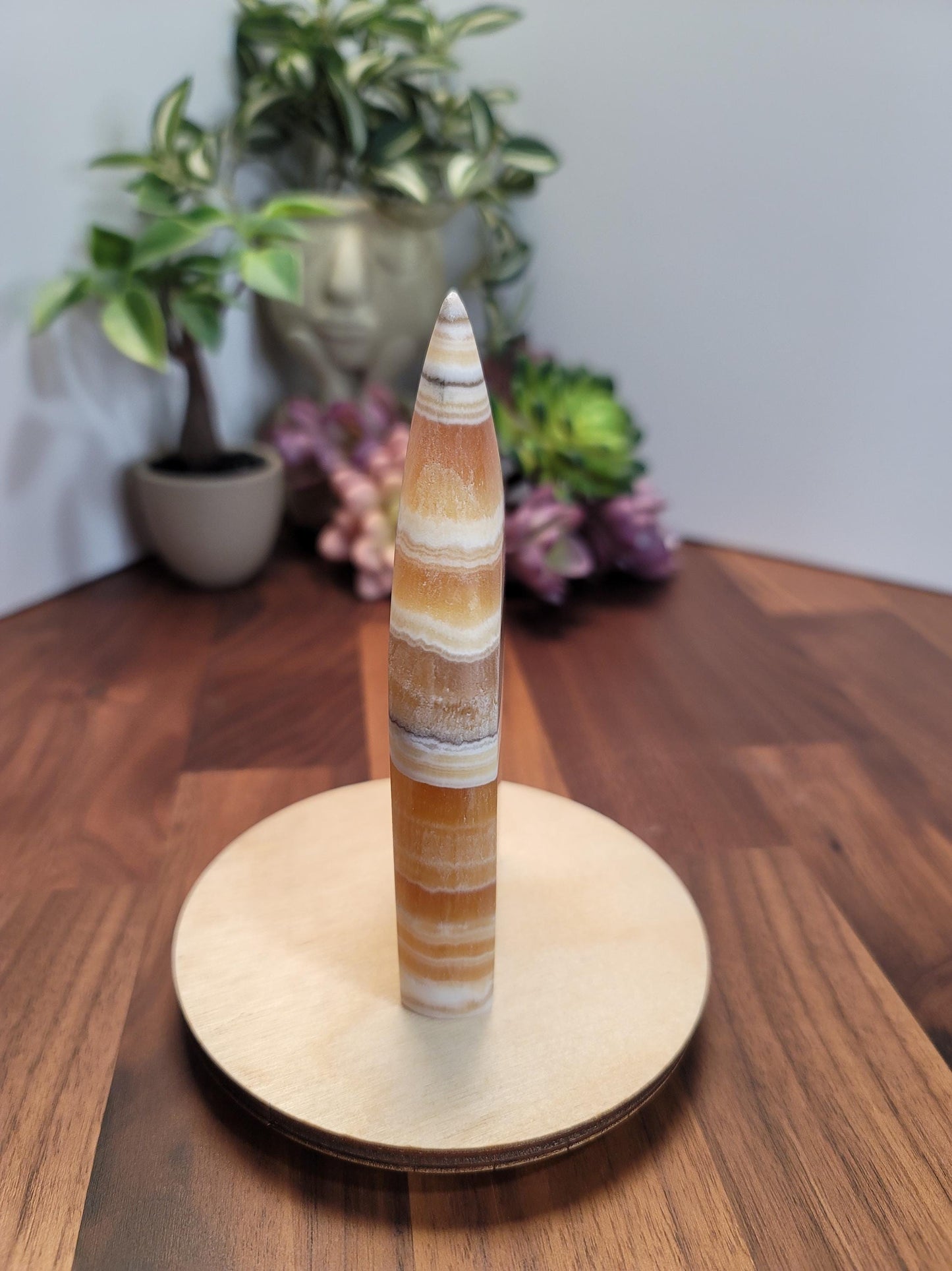 Candy Corn Crystal | Atlas of Olympus | Autumn & Fall Decor | Yellow Calcite Freeform | Orange Flame | 5" | White Banded Crystal Tower