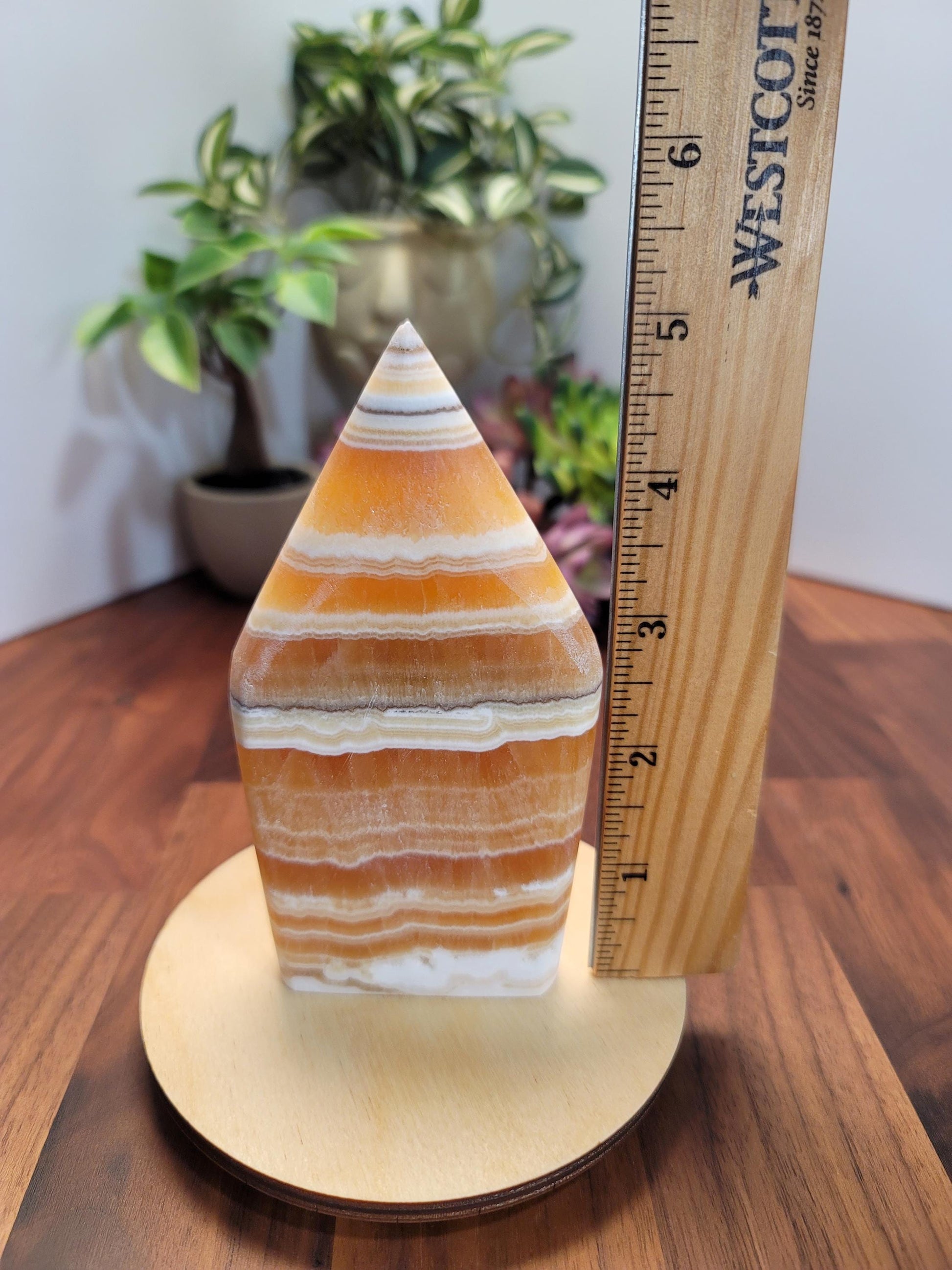 Candy Corn Crystal | Atlas of Olympus | Autumn & Fall Decor | Yellow Calcite Freeform | Orange Flame | 5" | White Banded Crystal Tower