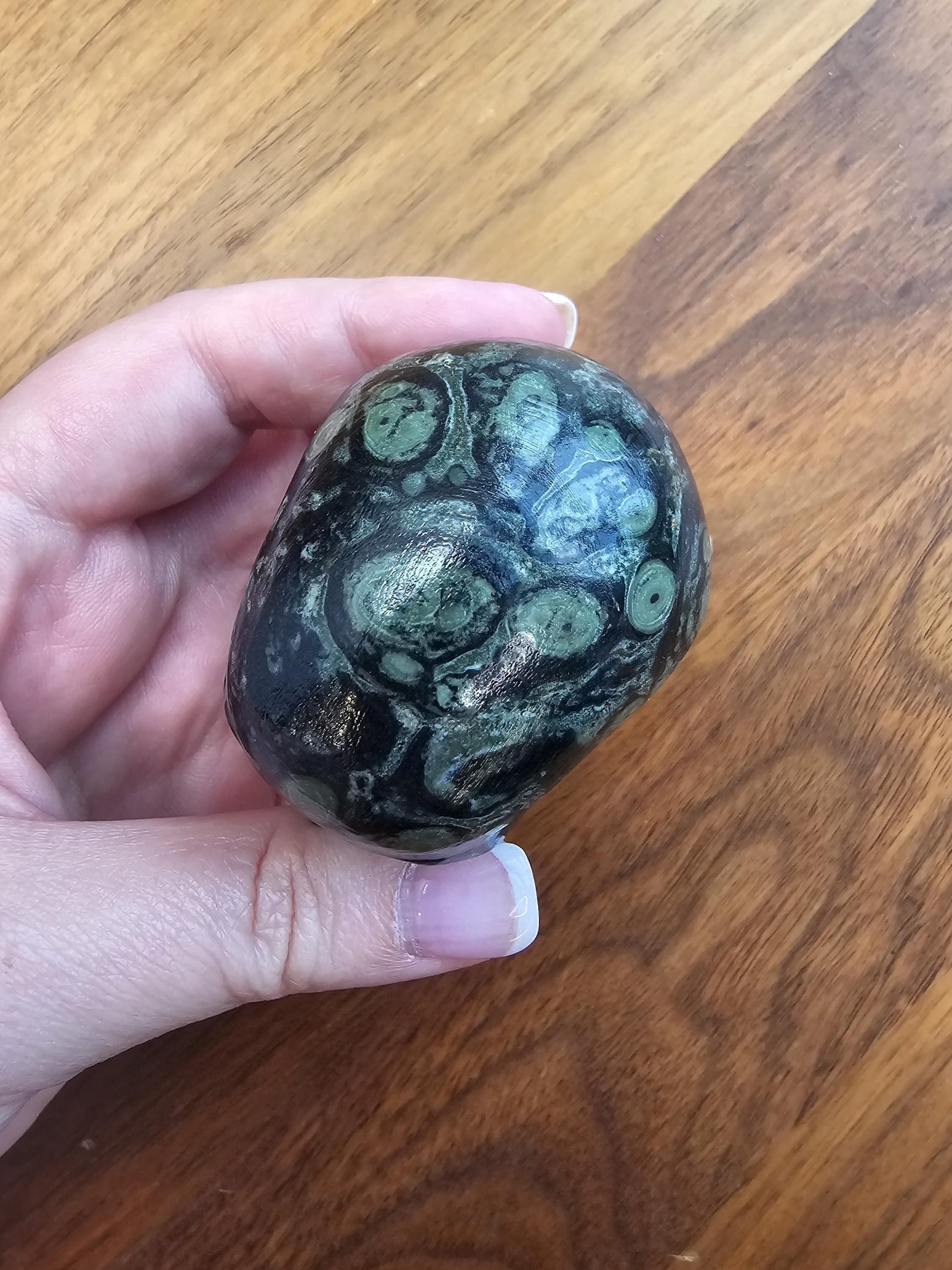 Kambaba Jasper Skull | 2.5" Crystal Carving | Beatrice | Spooky Season and Summerween Decor | Green Witch Vibes | Orbicular Black Patterns