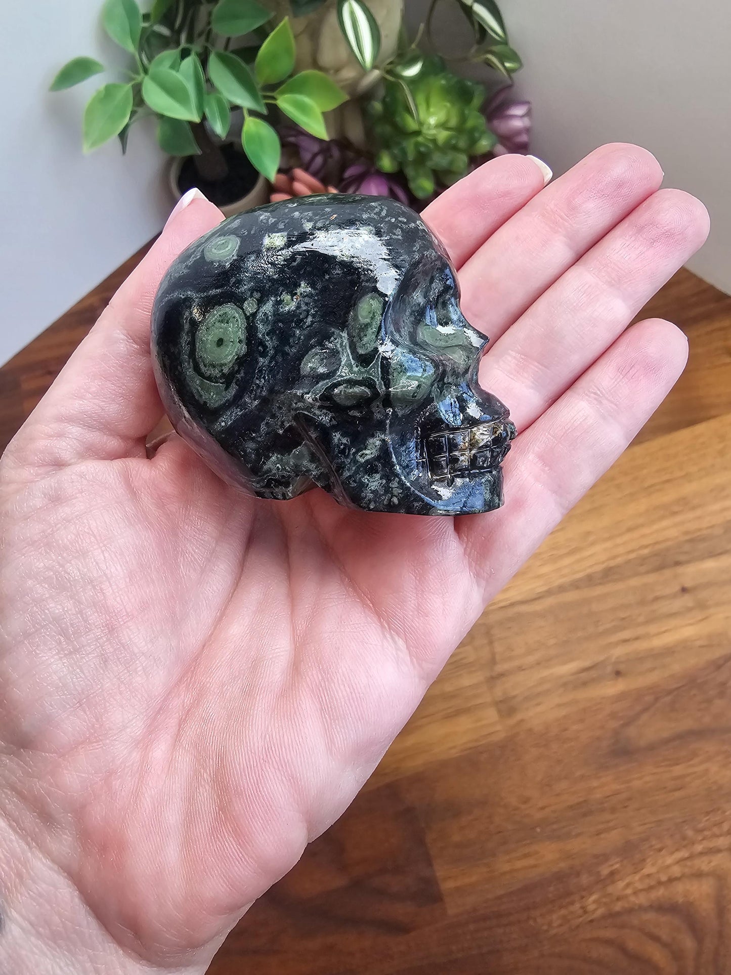 Kambaba Jasper Skull | 2.5" Crystal Carving | Beatrice | Spooky Season and Summerween Decor | Green Witch Vibes | Orbicular Black Patterns