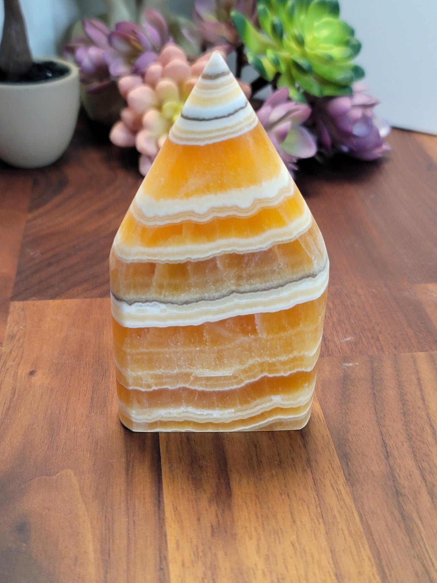 Candy Corn Crystal | Orion Constellation | Orange Calcite Free Form | Yellow Flame | 5" | Fall & Autumn Decor | Intricate White Banding