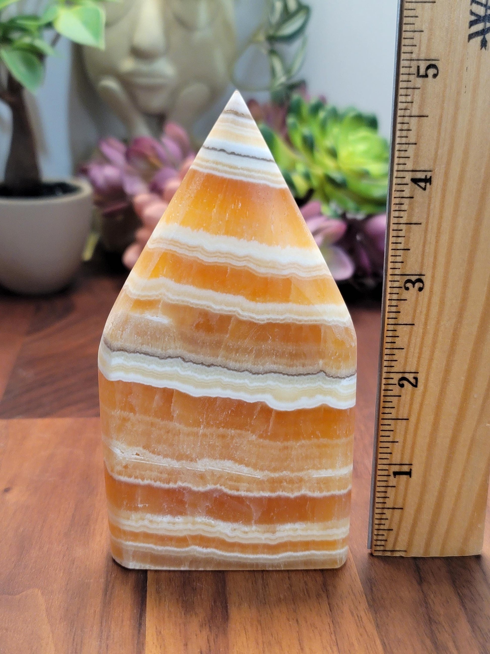 Candy Corn Crystal | Orion Constellation | Orange Calcite Free Form | Yellow Flame | 5" | Fall & Autumn Decor | Intricate White Banding