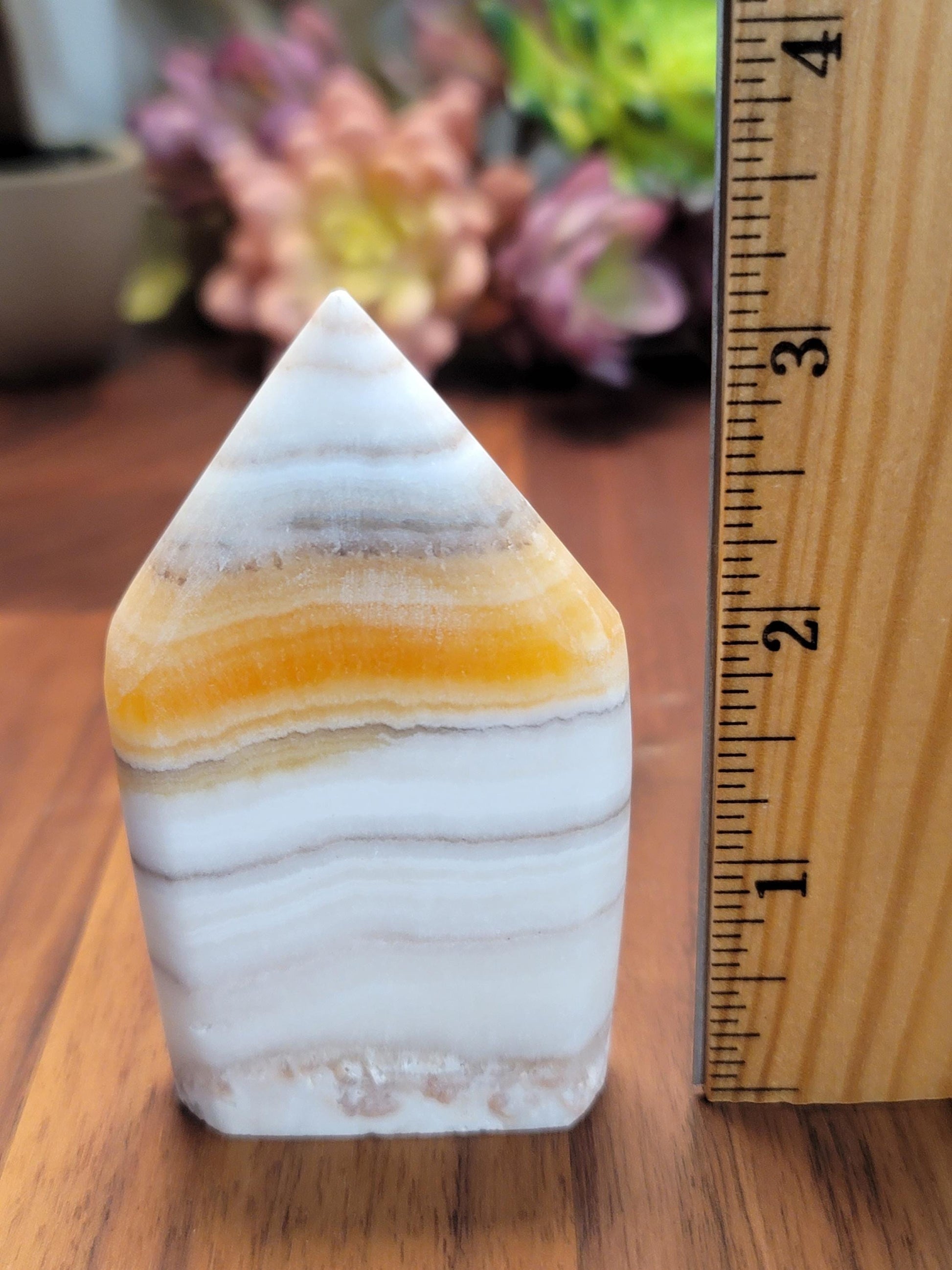 Candy Corn Crystal | Little Luna | Yellow Banded Calcite Freeform | White Banded Flame | 3.25" | Orange Crystal Point | Fall & Winter Decor