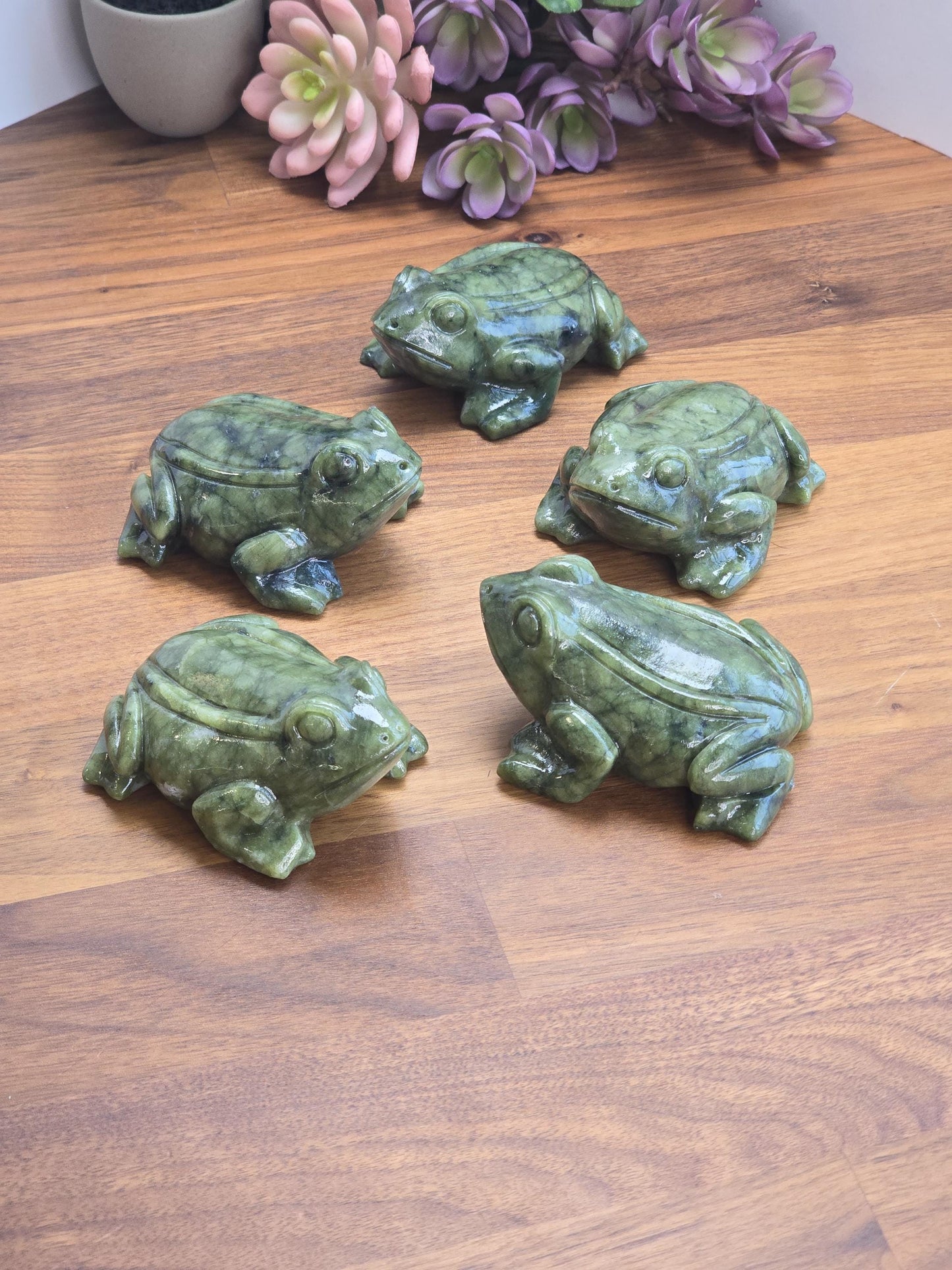 Green Jade Crystal Frog | Rainforest Amphibian Carving | 3 Inches | Deep Hunter and Sage Patterns | Toad Cottagecore | Intuitively Chosen