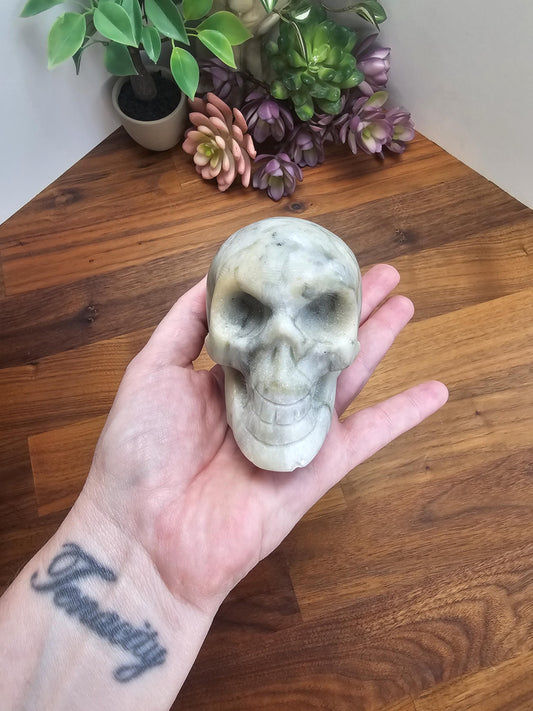 Scary White Jade Crystal Skull | Chuck | Halloween Carving | Green Spooky Season Decor | 3.5 x 2.75 Inches | Rock Carving for Summerween
