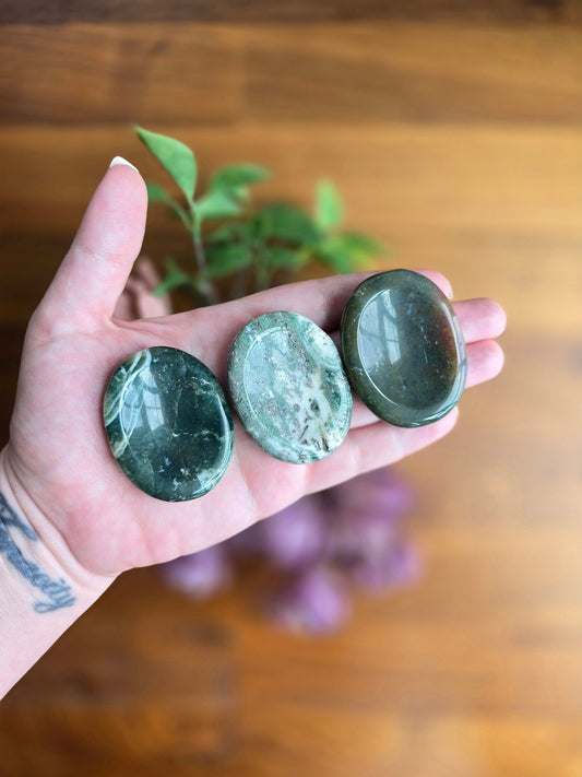 Chunky Green Moss Agate Worry Stone: Pocket Fidget Crystal (50 MM)