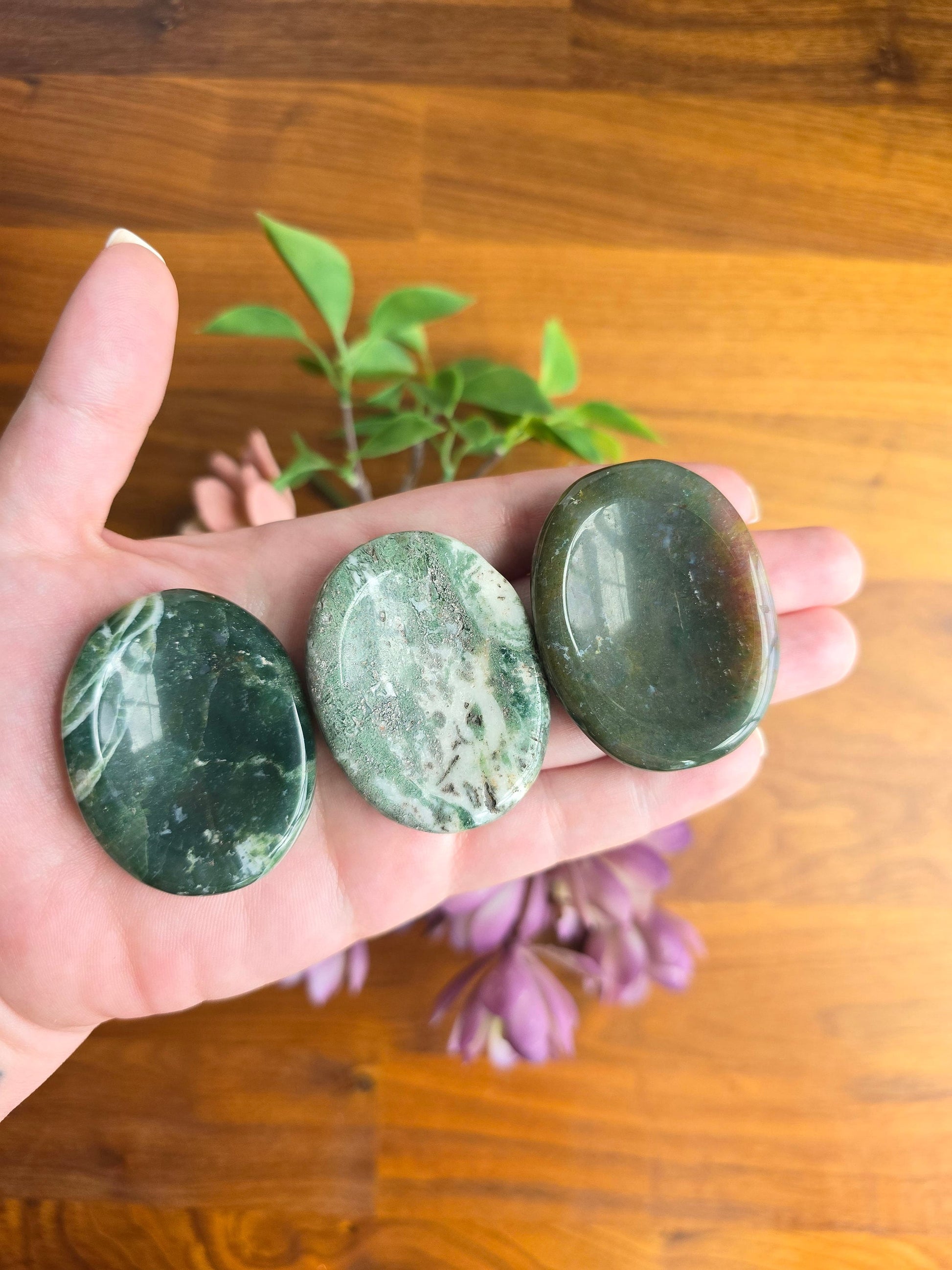 Chunky Green Moss Agate Worry Stone: Pocket Fidget Crystal (50 MM)