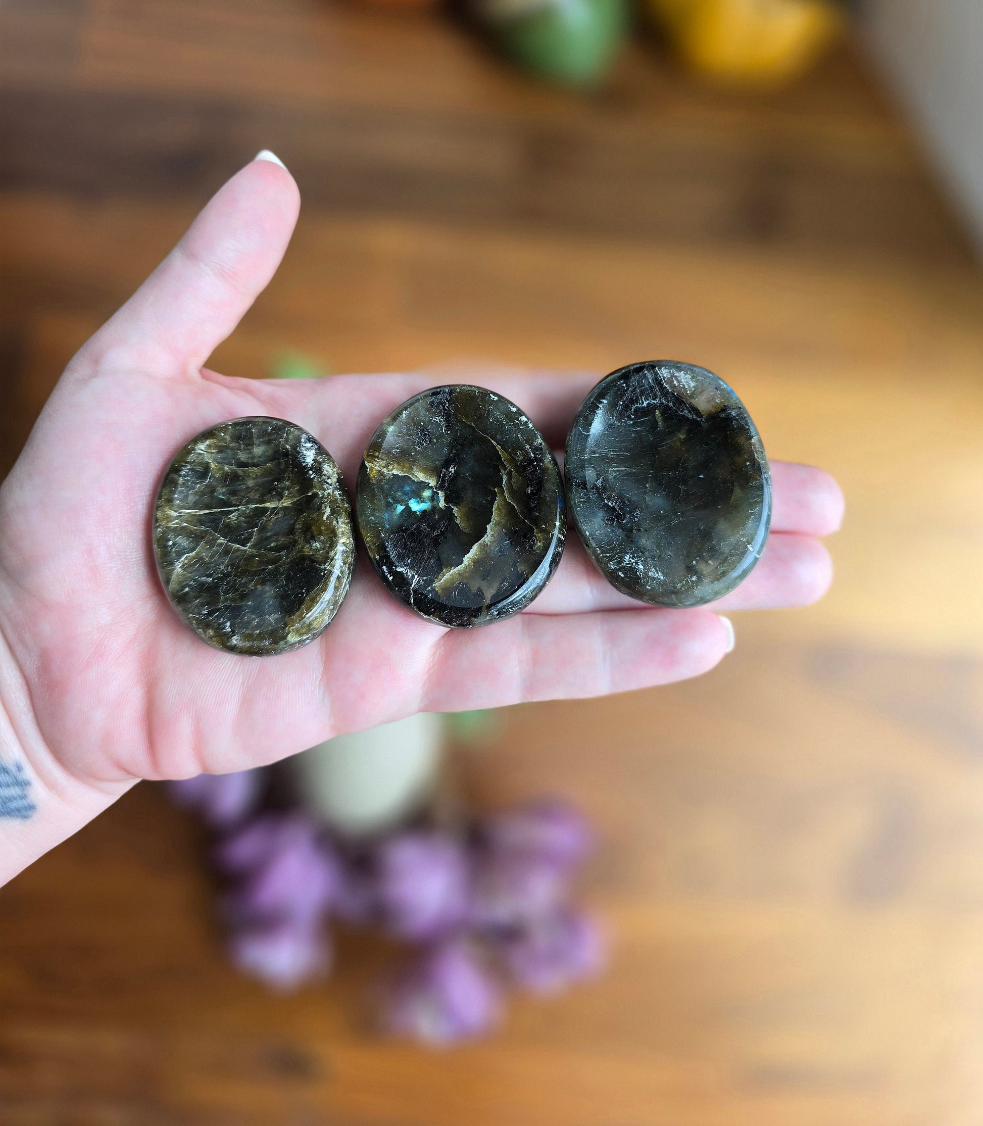 Green Labradorite Worry Stone: Pocket Fidget Crystal (Approx 2")