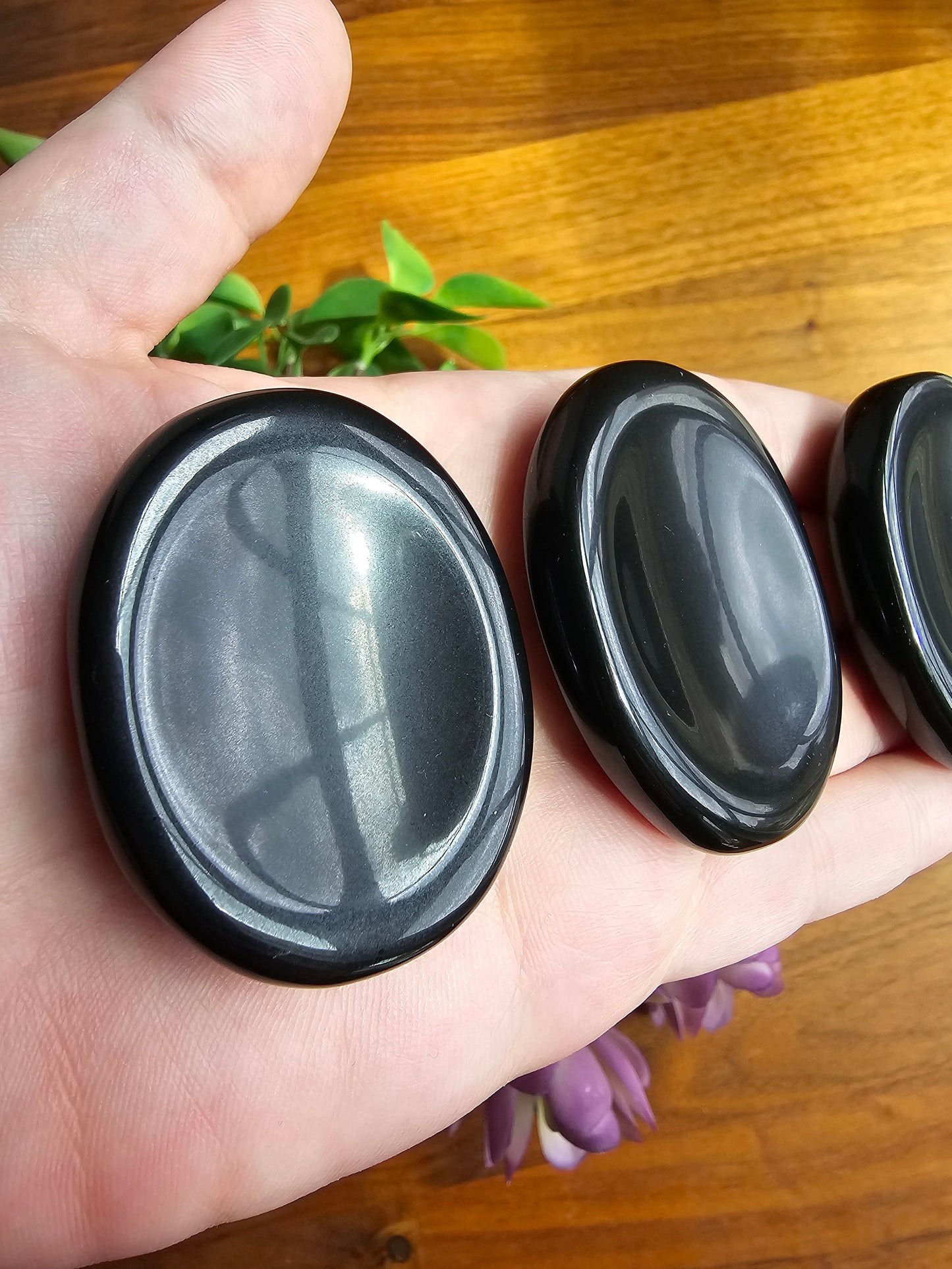 Black Obsidian Worry Stone: Silver Sheen Pocket Crystal, ADHD Fidget