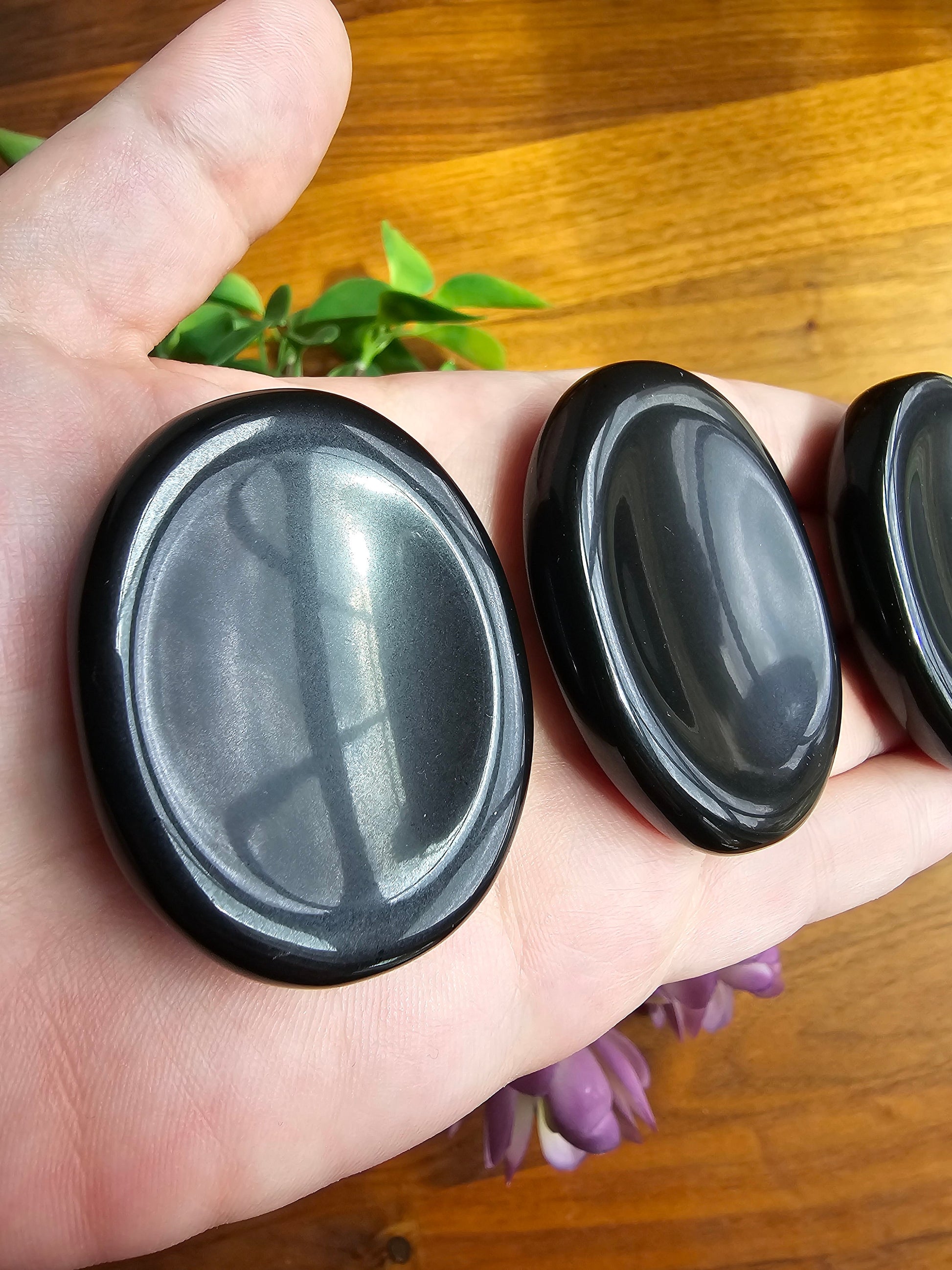 Black Obsidian Worry Stone: Silver Sheen Pocket Crystal, ADHD Fidget