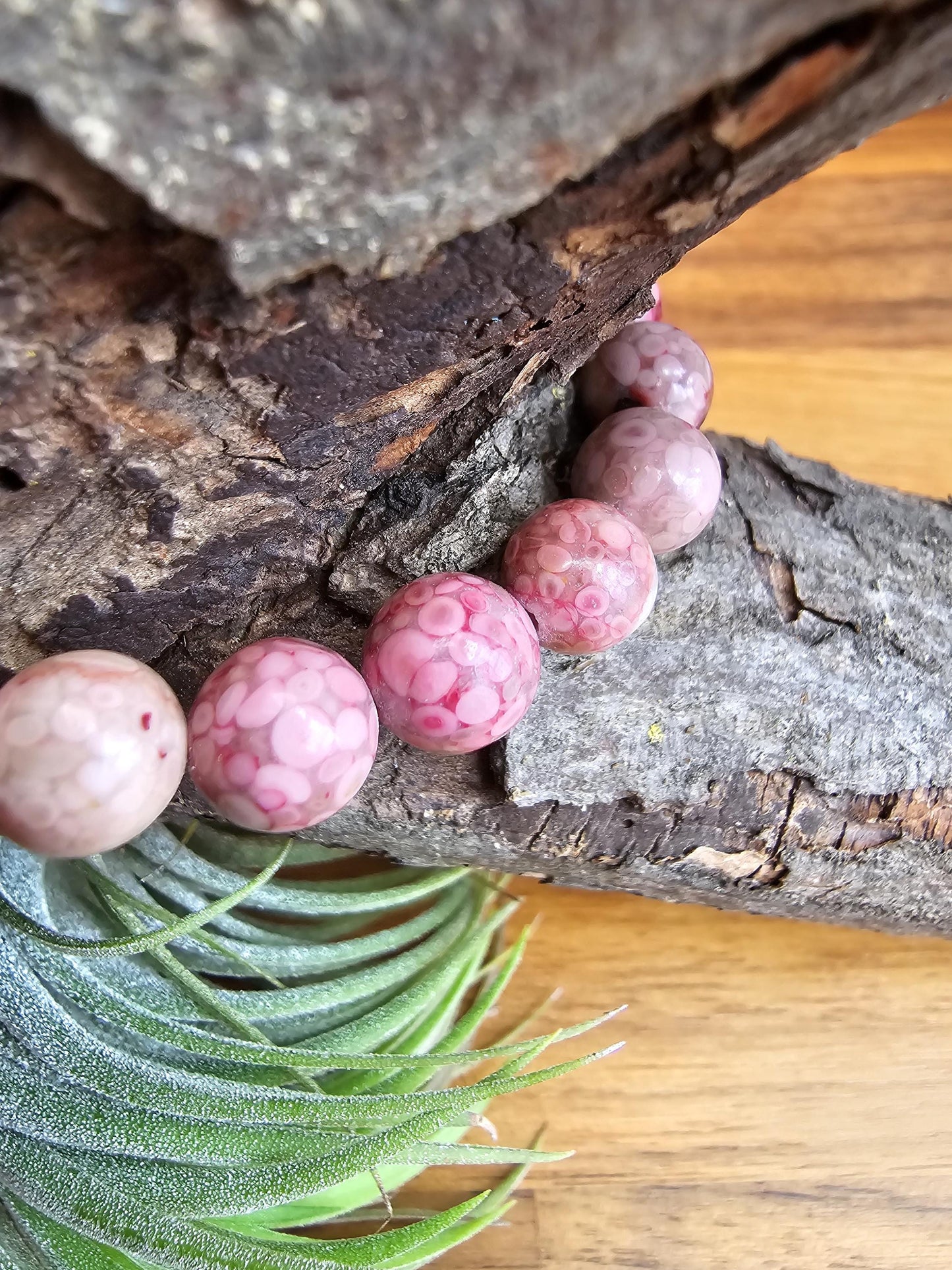 Pink Fossil Stone | 8MM Crystal Bracelet | Unique Rose, Magenta and Baby Pink Chrysanthemum Beads | Pretty Spring Flower Jewelry like Coral