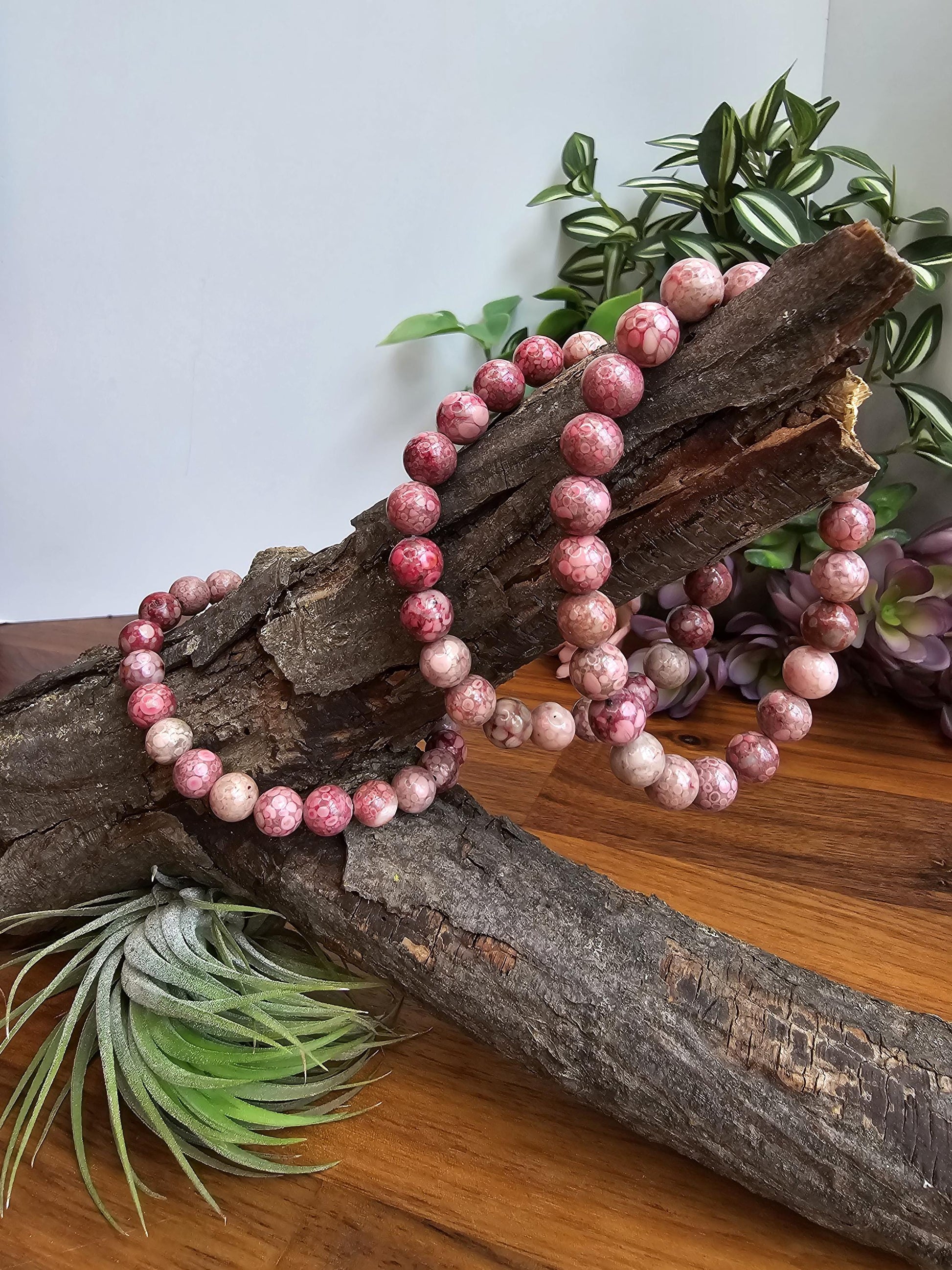 Pink Fossil Stone | 8MM Crystal Bracelet | Unique Rose, Magenta and Baby Pink Chrysanthemum Beads | Pretty Spring Flower Jewelry like Coral