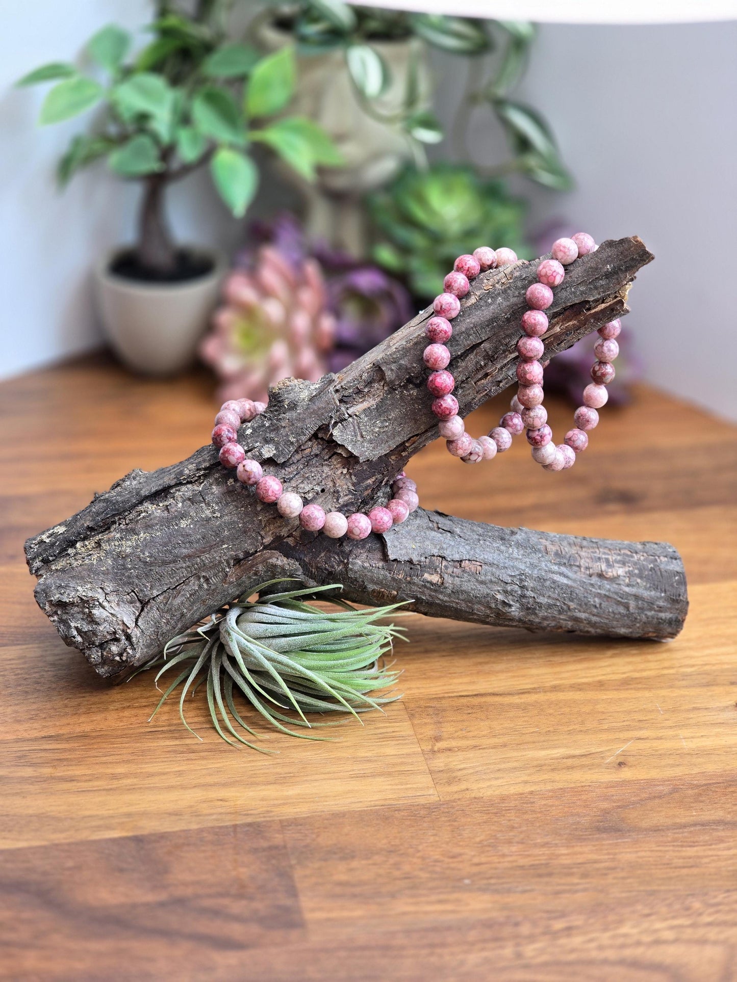 Pink Fossil Stone | 8MM Crystal Bracelet | Unique Rose, Magenta and Baby Pink Chrysanthemum Beads | Pretty Spring Flower Jewelry like Coral