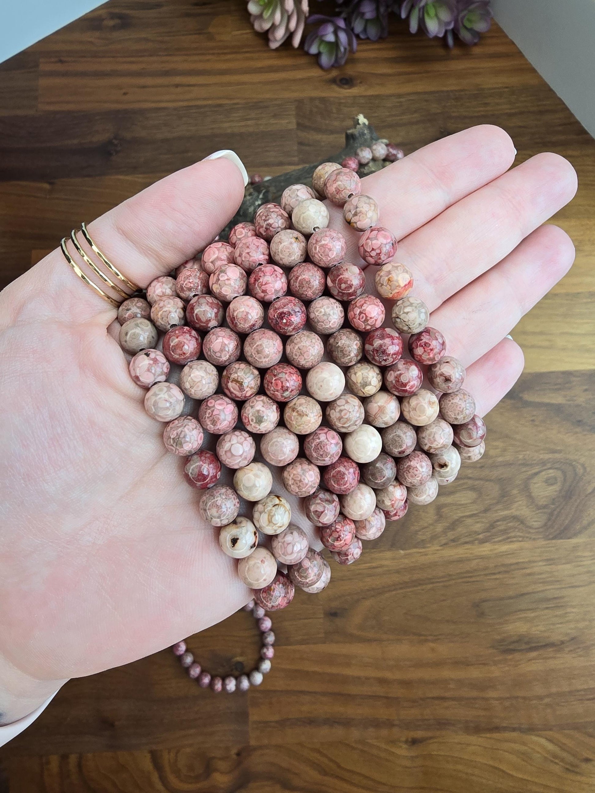 Pink Fossil Stone | 8MM Crystal Bracelet | Unique Rose, Magenta and Baby Pink Chrysanthemum Beads | Pretty Spring Flower Jewelry like Coral