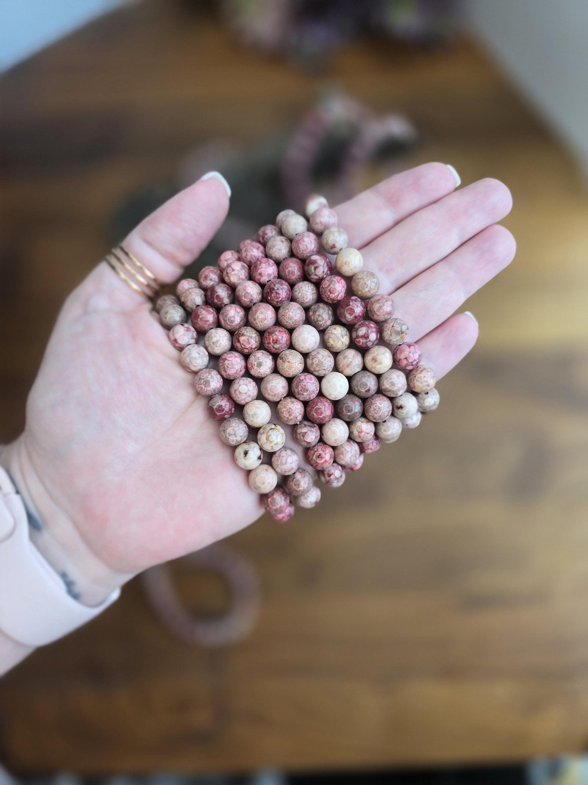 Pink Fossil Stone | 8MM Crystal Bracelet | Unique Rose, Magenta and Baby Pink Chrysanthemum Beads | Pretty Spring Flower Jewelry like Coral