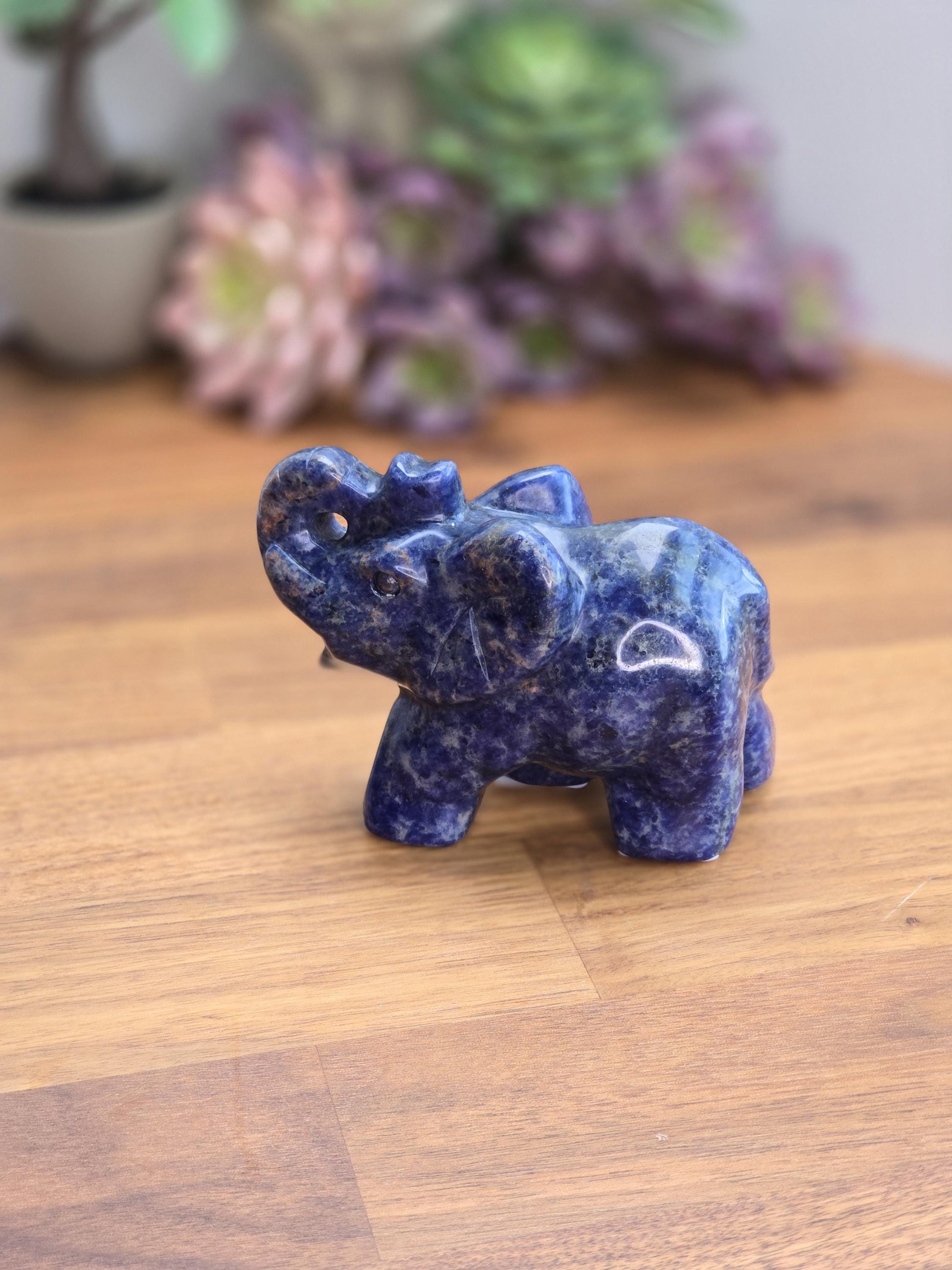 Sodalite Elephant Carving | Cindy | 3.75 in X 2.75 in | Blue Black & White Accent | Dad's Shelf Display | Big Kid Room Ideas | Zoo Animal