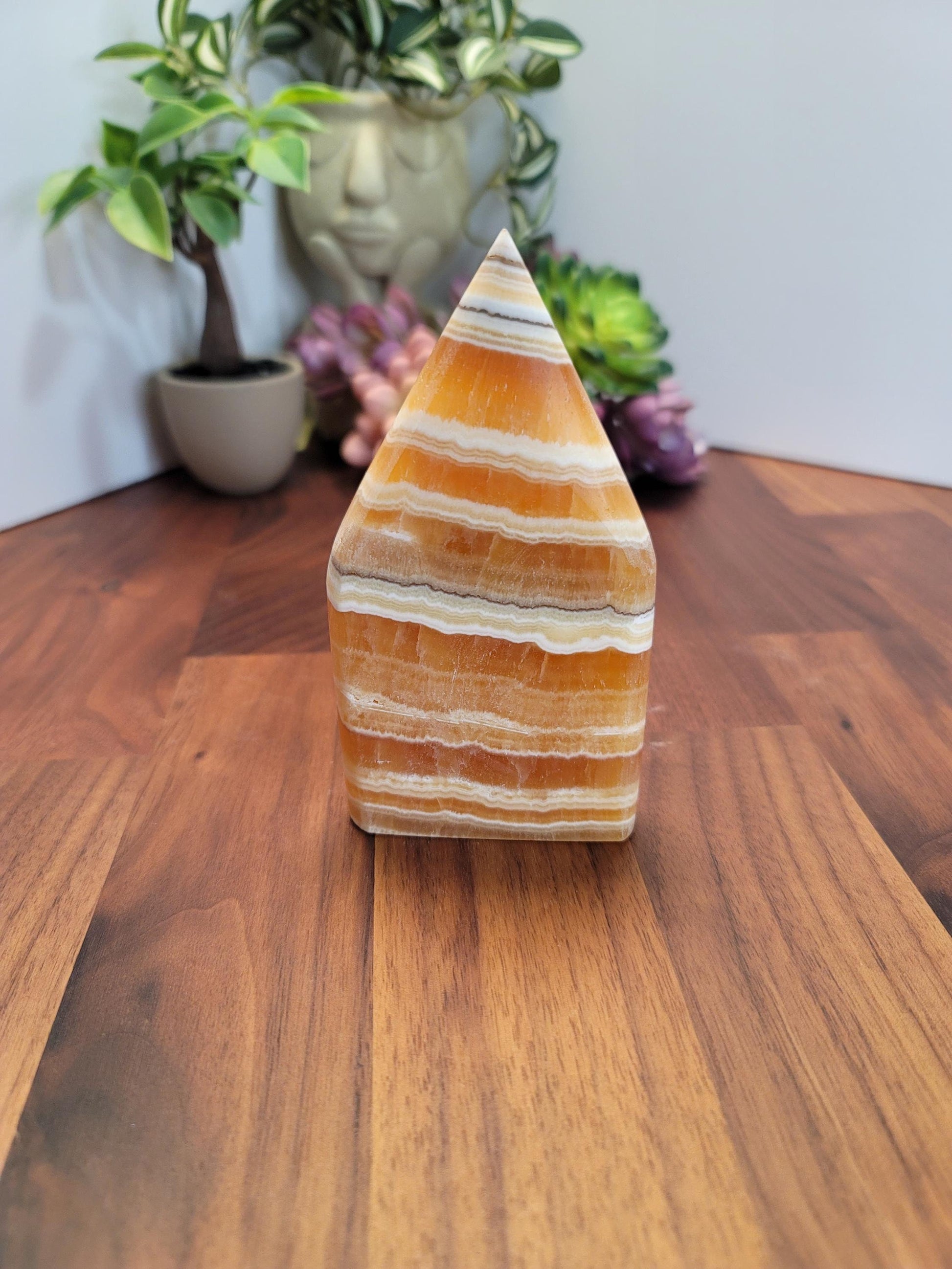 Candy Corn Crystal | Orion Constellation | Orange Calcite Free Form | Yellow Flame | 5&quot; | Fall & Autumn Decor | Intricate White Banding