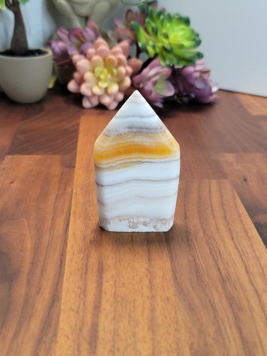 Candy Corn Crystal | Little Luna | Yellow Banded Calcite Freeform | White Banded Flame | 3.25&quot; | Orange Crystal Point | Fall & Winter Decor