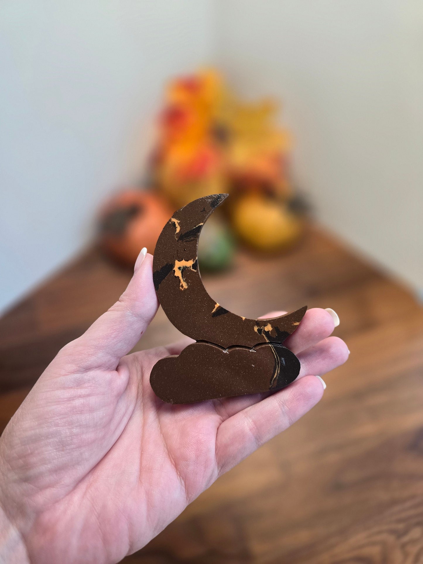 Brown Jasper Crystal Moon with Clouds | Autumn Carvings for Fall Decor | Around 3" | Brown, Orange & Black | MISFIT - Heavy Laquer