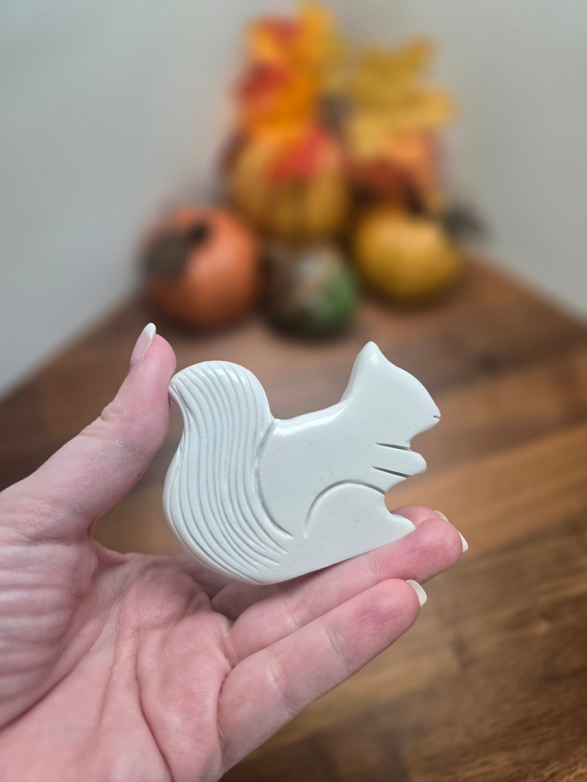 White Crystal Squirrel | Autumn Carvings for Fall Decor | Around 3" | Natural White Jade with Sparkling White Heavy Laquer | Albino | MISFIT