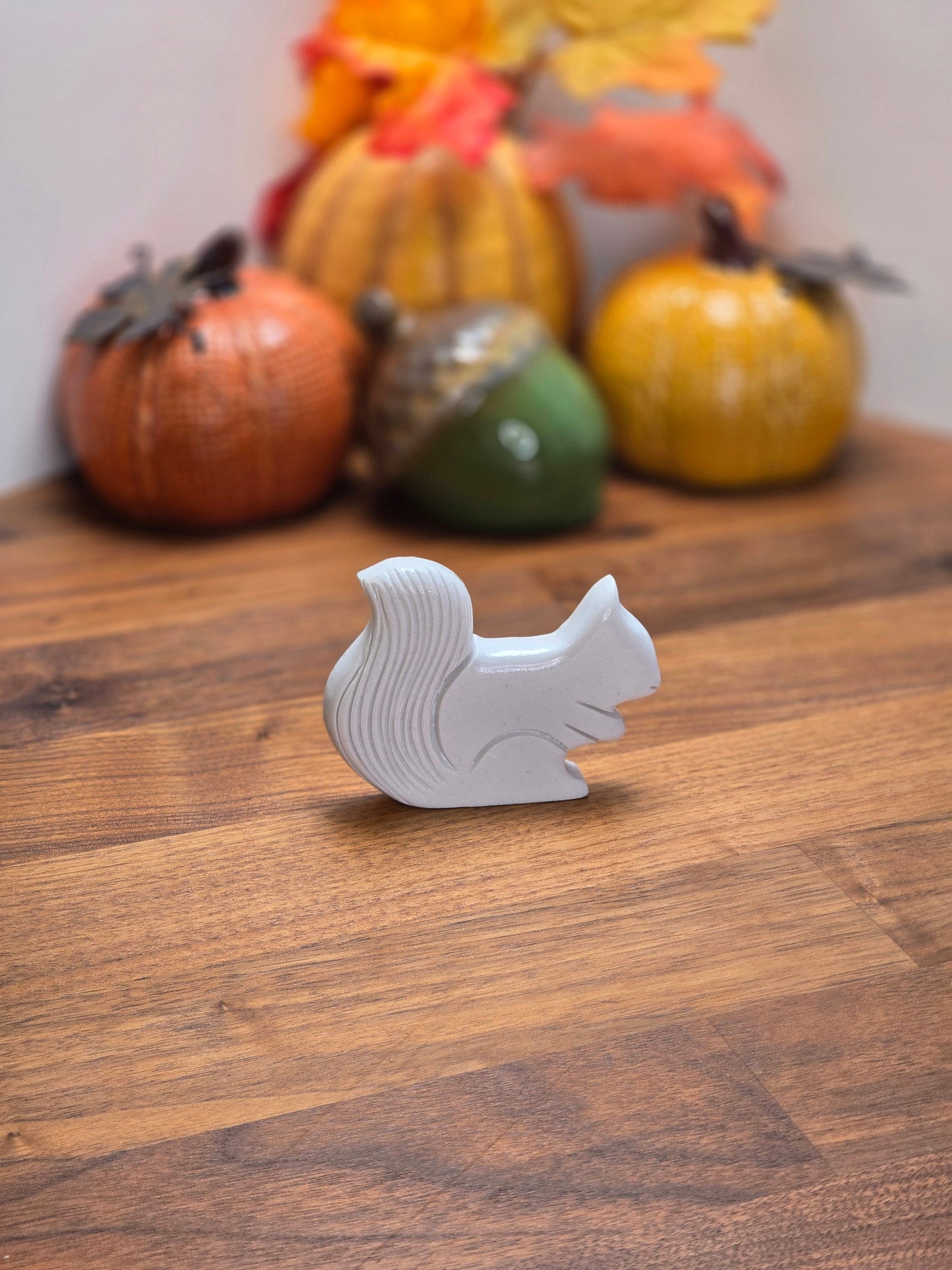 White Crystal Squirrel | Autumn Carvings for Fall Decor | Around 3" | Natural White Jade with Sparkling White Heavy Laquer | Albino | MISFIT