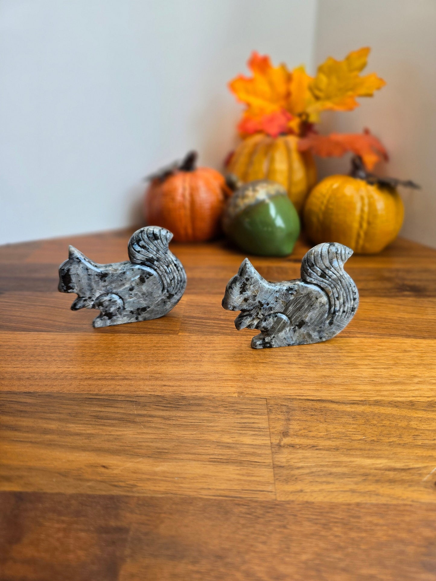 Genuine Larvakite Crystal Squirrel | Gray Squirrel Autumn Decor | Flashy Silver & Blue | Around 3" | Standing Carving | Intuitively Chosen