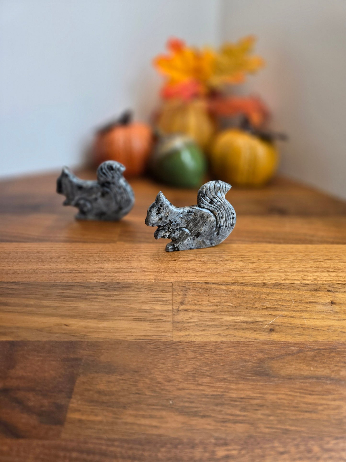 Genuine Larvakite Crystal Squirrel | Gray Squirrel Autumn Decor | Flashy Silver & Blue | Around 3" | Standing Carving | Intuitively Chosen