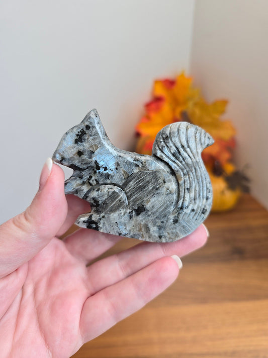 Genuine Larvakite Crystal Squirrel | Gray Squirrel Autumn Decor | Flashy Silver & Blue | Around 3" | Standing Carving | Intuitively Chosen