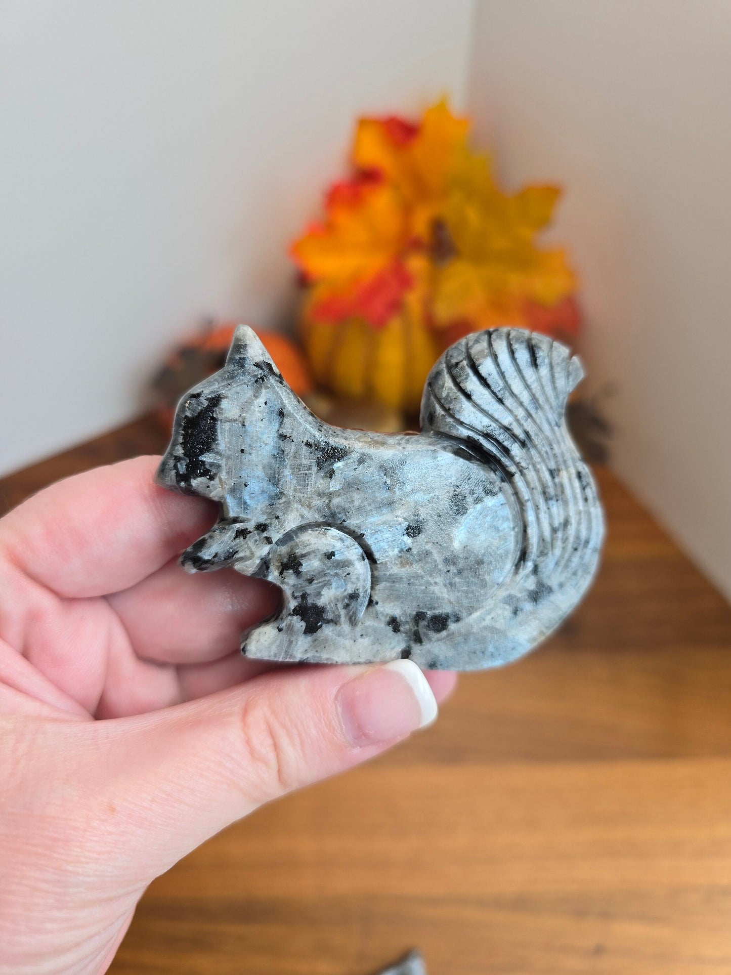 Genuine Larvakite Crystal Squirrel | Gray Squirrel Autumn Decor | Flashy Silver & Blue | Around 3" | Standing Carving | Intuitively Chosen