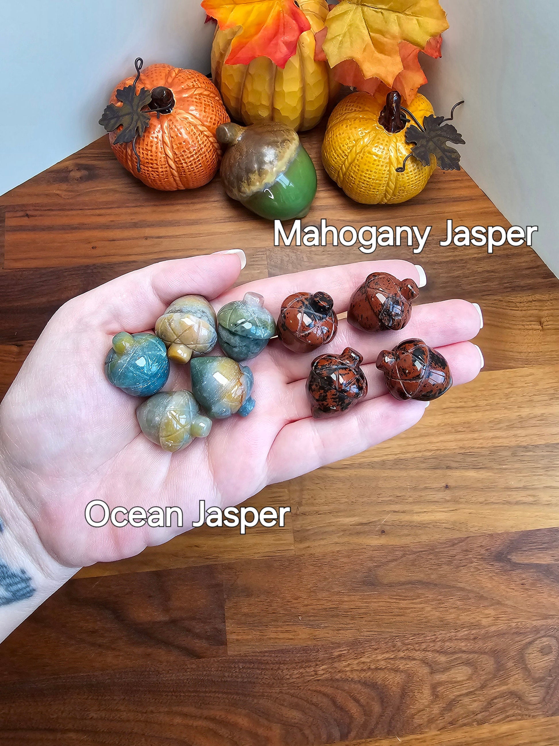 Crystal Acorns! | Yellow Crazy Lace, Green Unakite, Flashy Larvakite, Red Obsidian/Brown Mohagany Jasper, Granite | Choose Your Material!