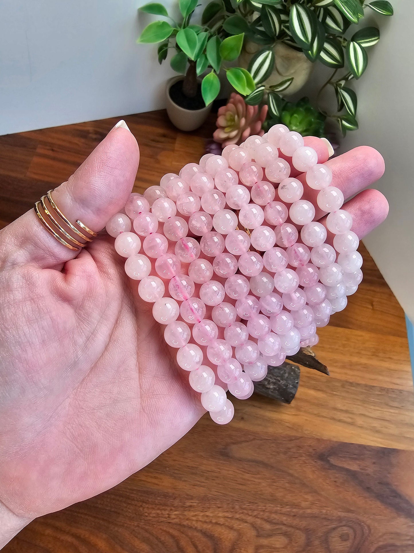 Rose Quartz Bracelet | 8MM Crystal Favorite | Pretty Pink Translucent Crystal Beads on Magenta Stretchy Band | Valentine Confetti Add On