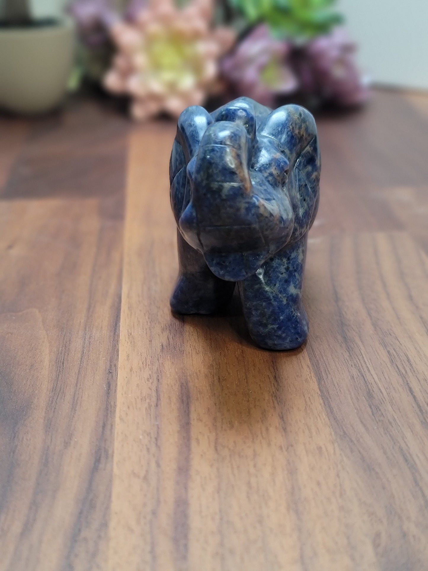 Sodalite Elephant Carving | Cindy | 3.75 in X 2.75 in | Blue Black & White Accent | Dad's Shelf Display | Big Kid Room Ideas | Zoo Animal