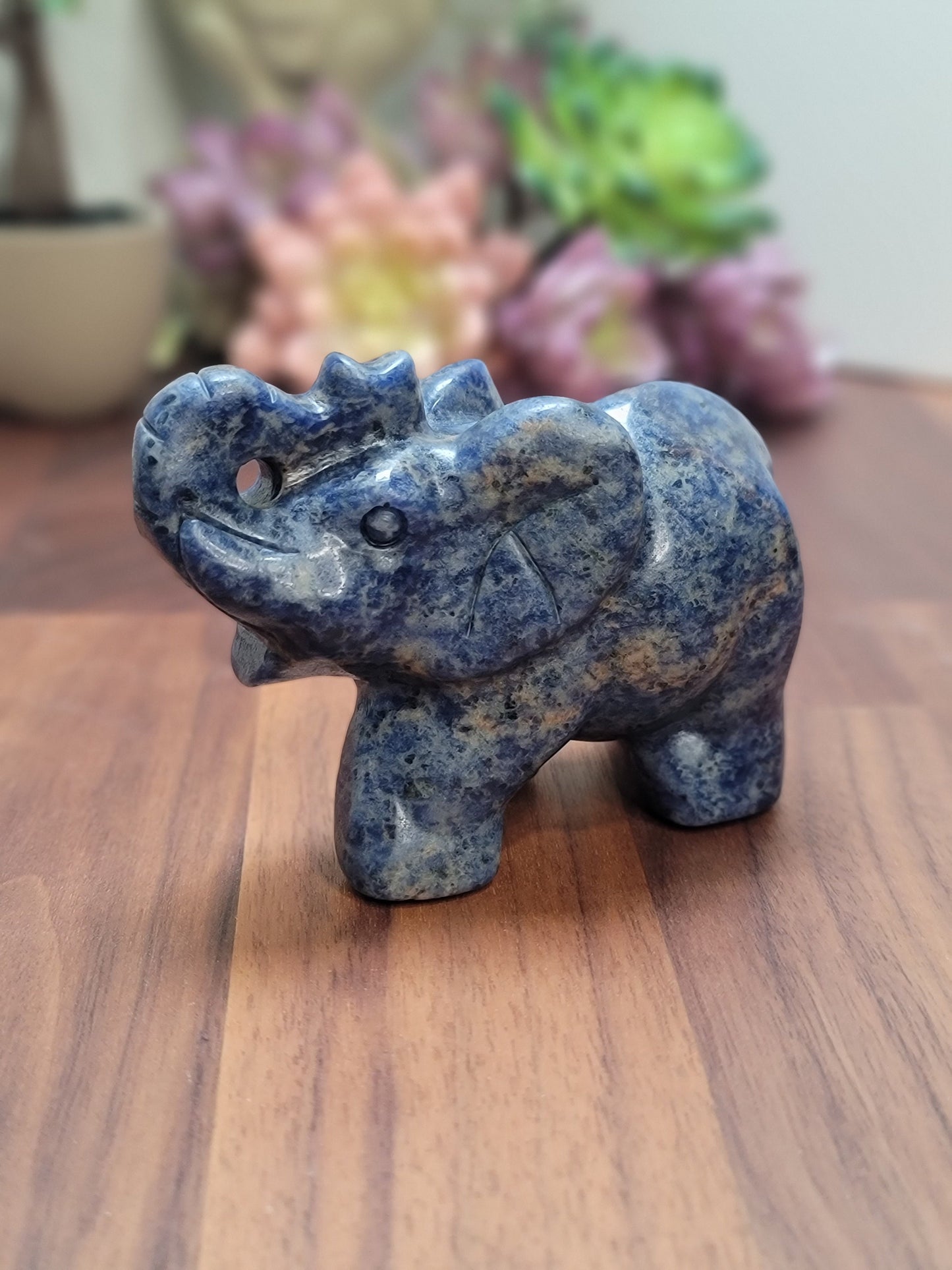 Blue Sodalite Elephant Crystal Carving | Contessa | Slight UV Reaction | 3.75 in X 2.75 in | Blue Black and White