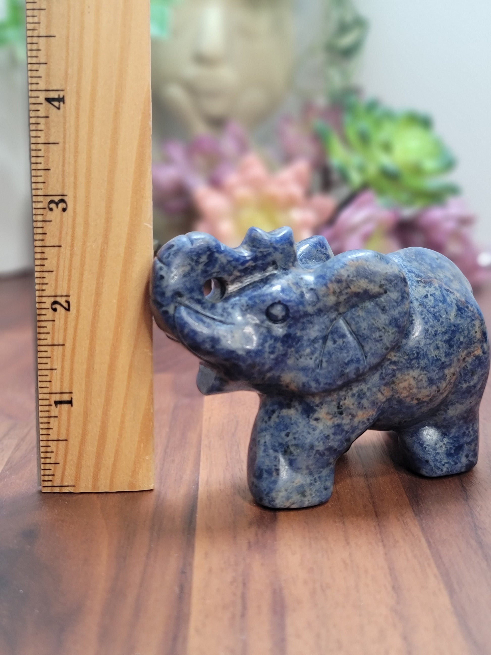 Blue Sodalite Elephant Crystal Carving | Contessa | Slight UV Reaction | 3.75 in X 2.75 in | Blue Black and White