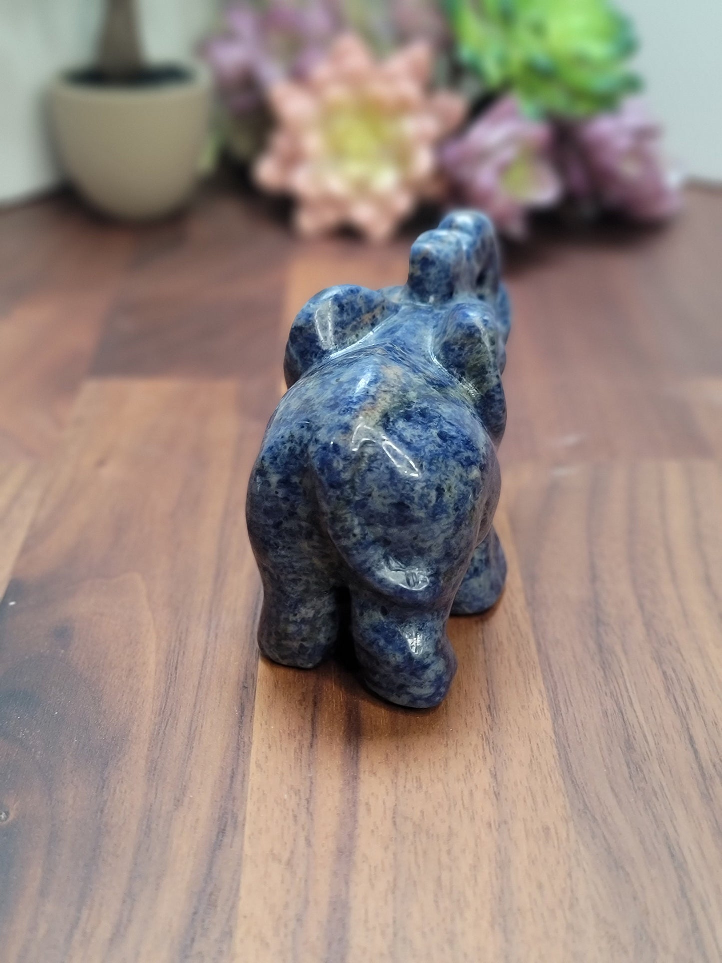 Blue Sodalite Elephant Crystal Carving | Contessa | Slight UV Reaction | 3.75 in X 2.75 in | Blue Black and White