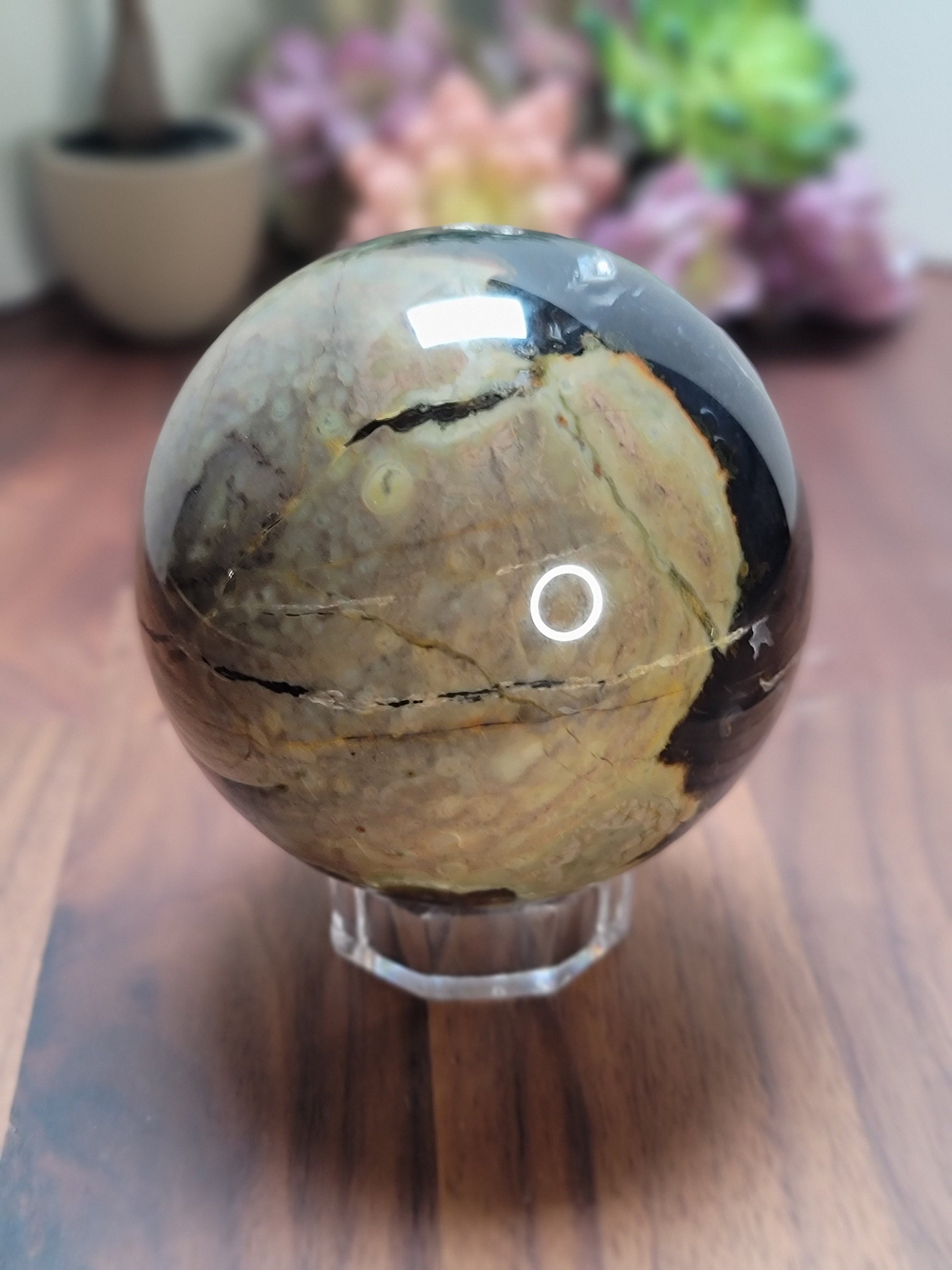 Lovely Large Volcanic Agate Crystal Sphere | A | 90 MM | UV Reactive | White Black Brown and Gray | One of a Kind